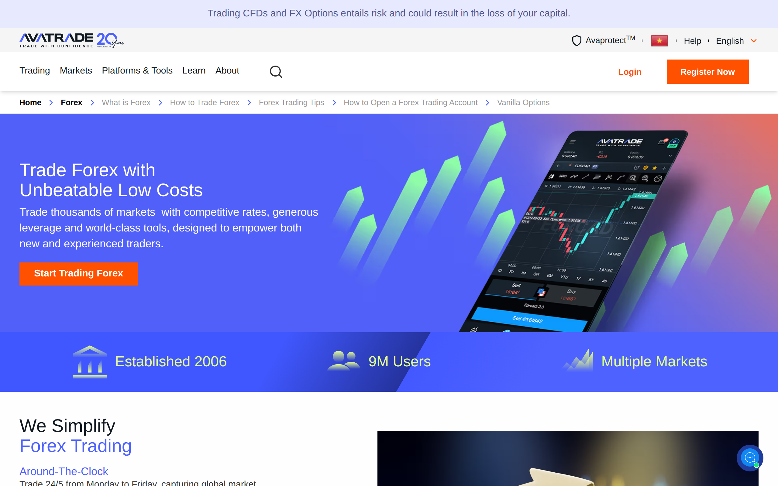 AvaTrade forex trading page headed 'Trade Forex with Unbeatable Low Costs'