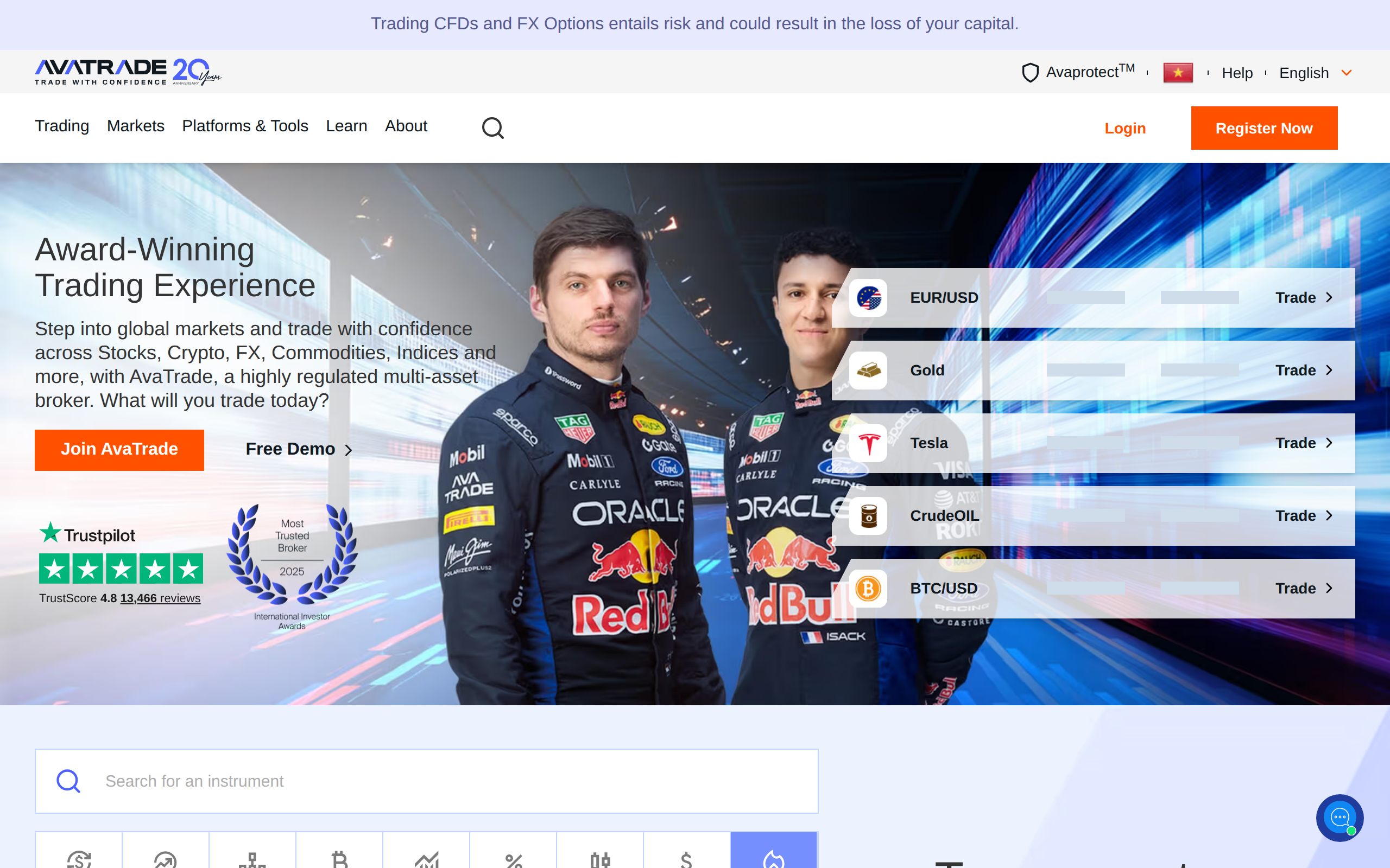 AvaTrade homepage headed 'Award-Winning Trading Experience' with a section on transparent trading conditions for CFDs