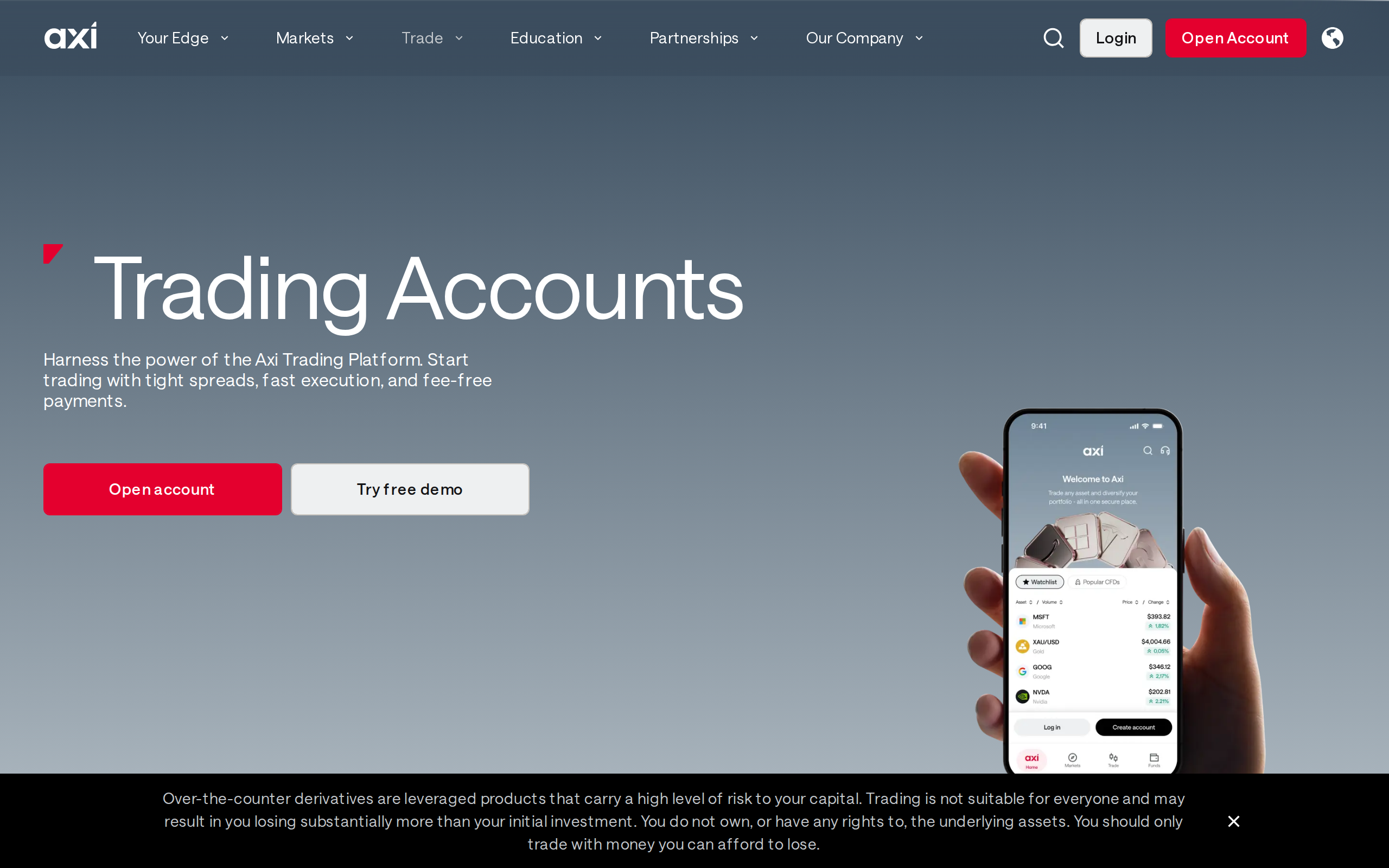 Axi Trading Accounts page with a phone showing the Axi app watchlist