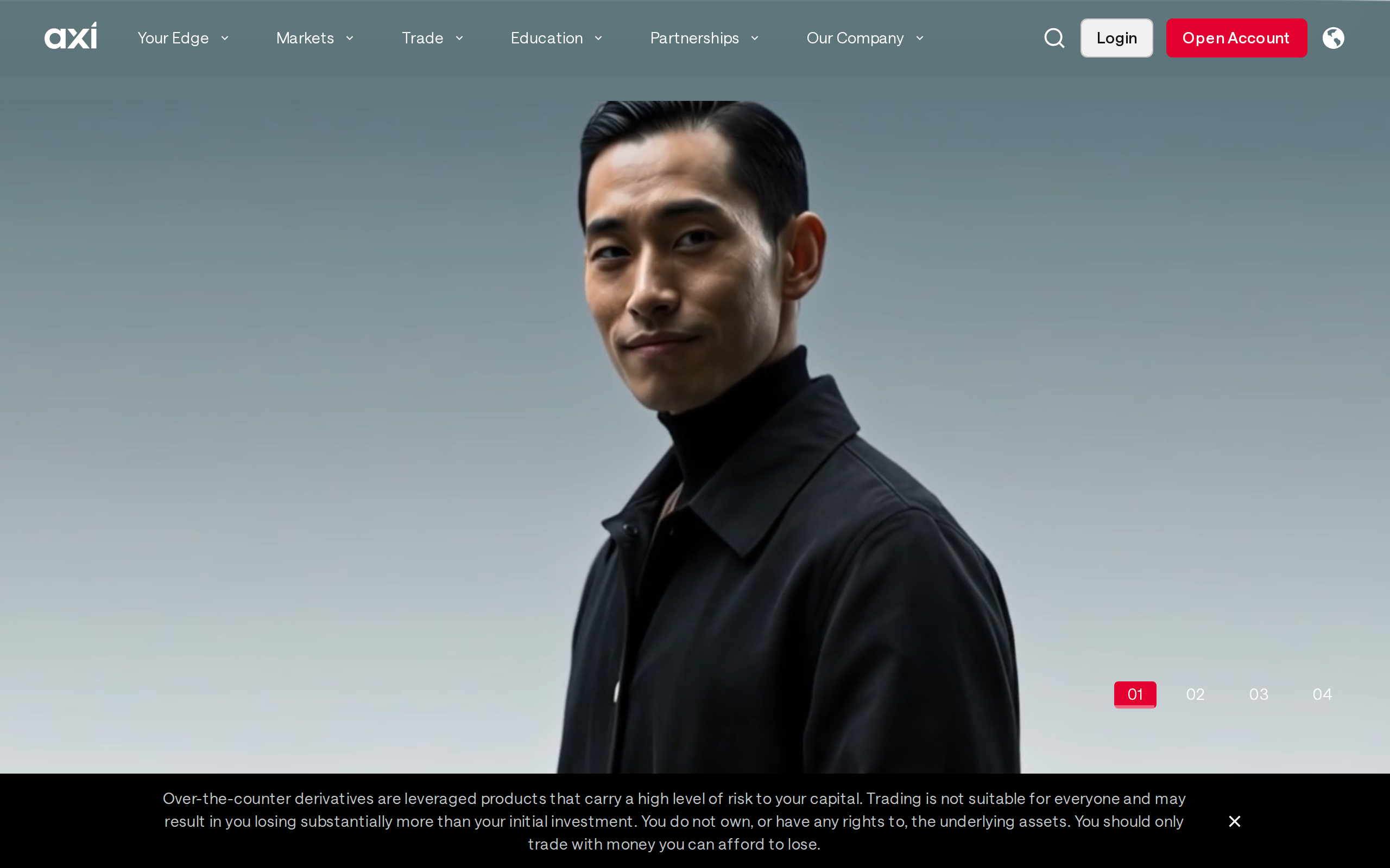 Axi home page with a risk warning and a large product video frame