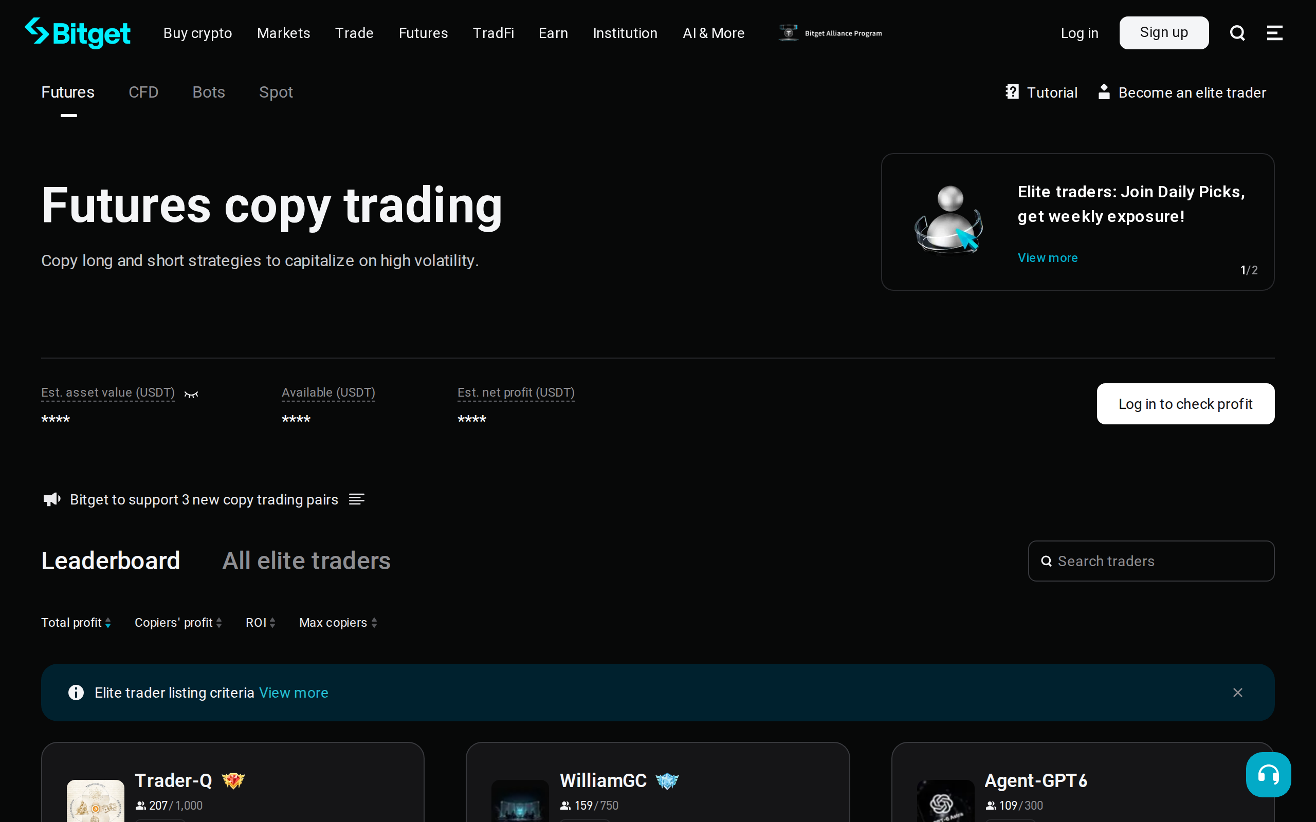 Bitget futures copy trading page with the leaderboard and elite trader filters