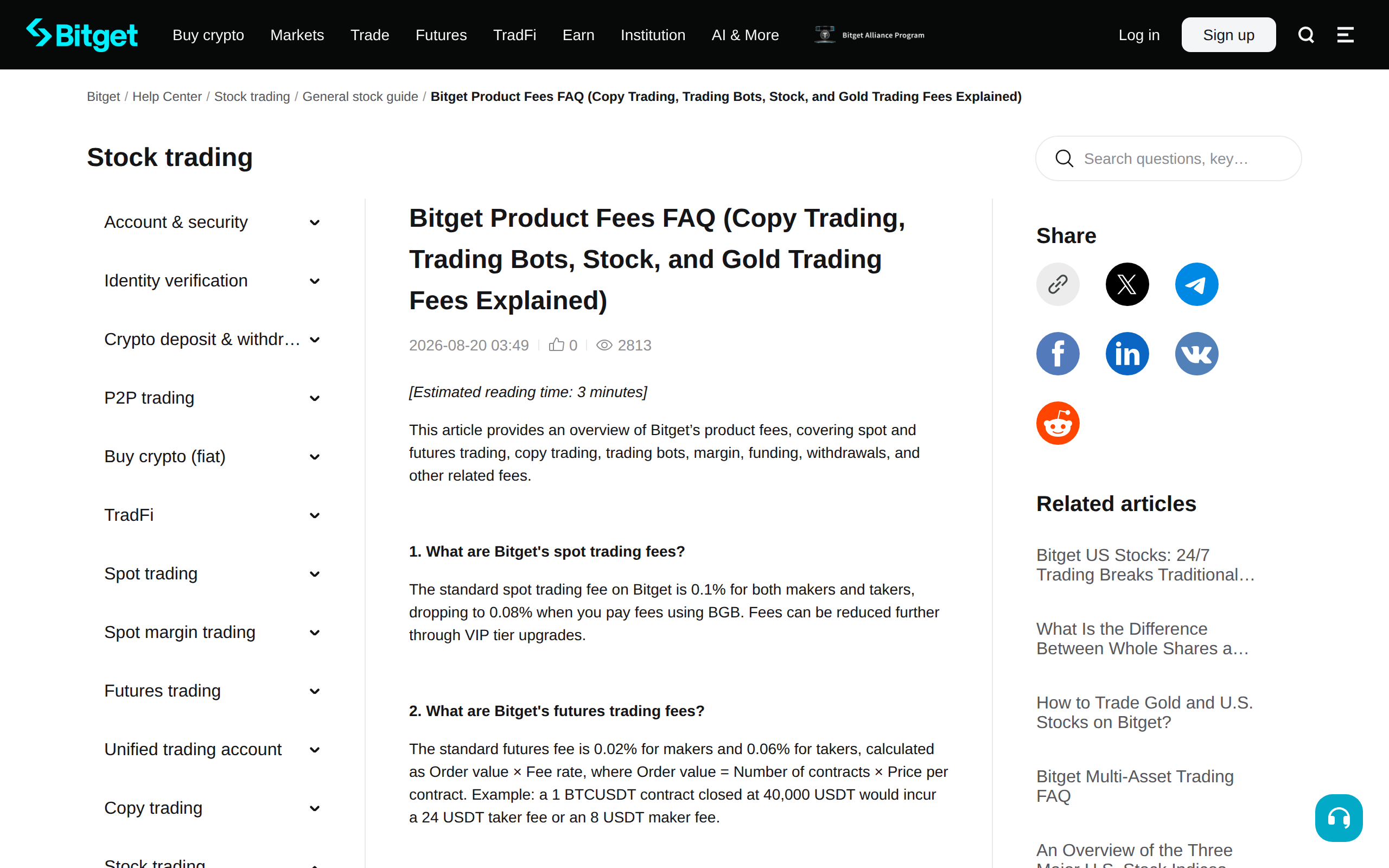 Bitget's product fees FAQ covering spot, futures, copy trading and bots