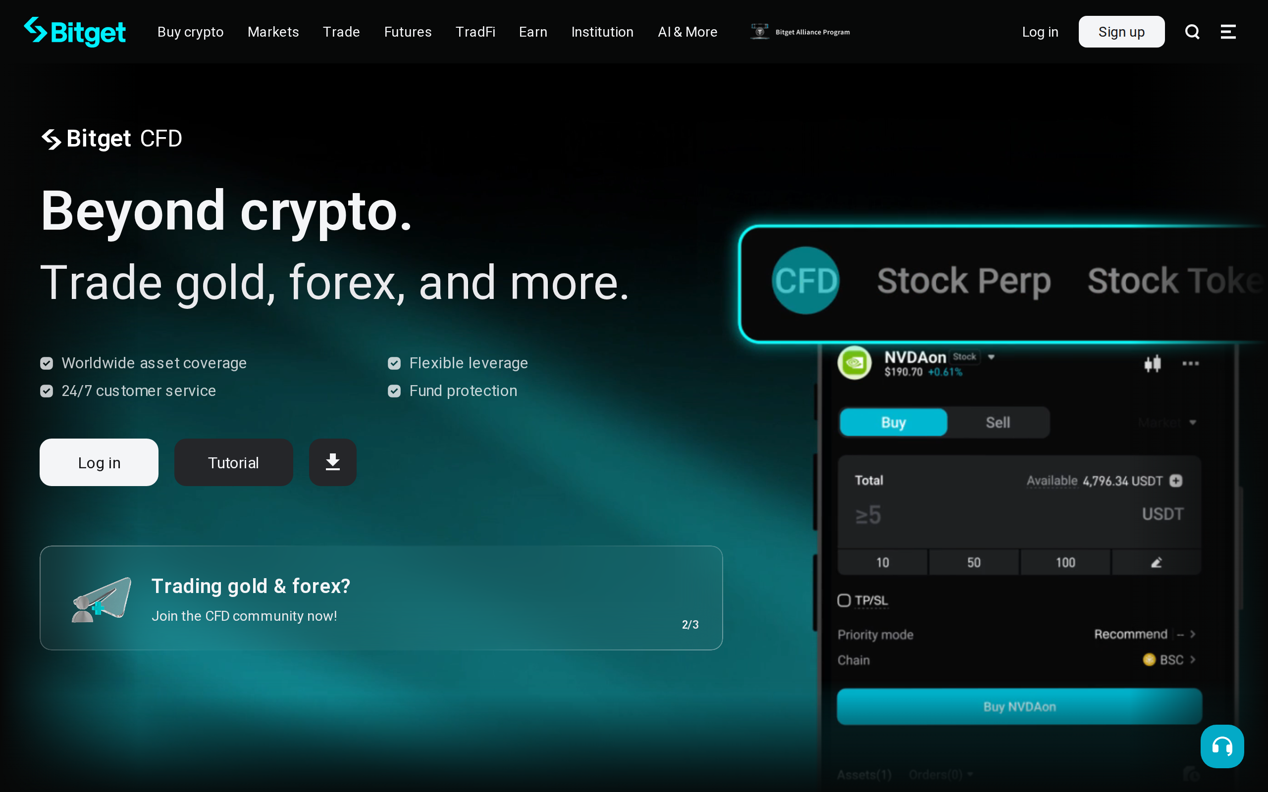 Bitget CFD page promoting gold, forex and commodities trading