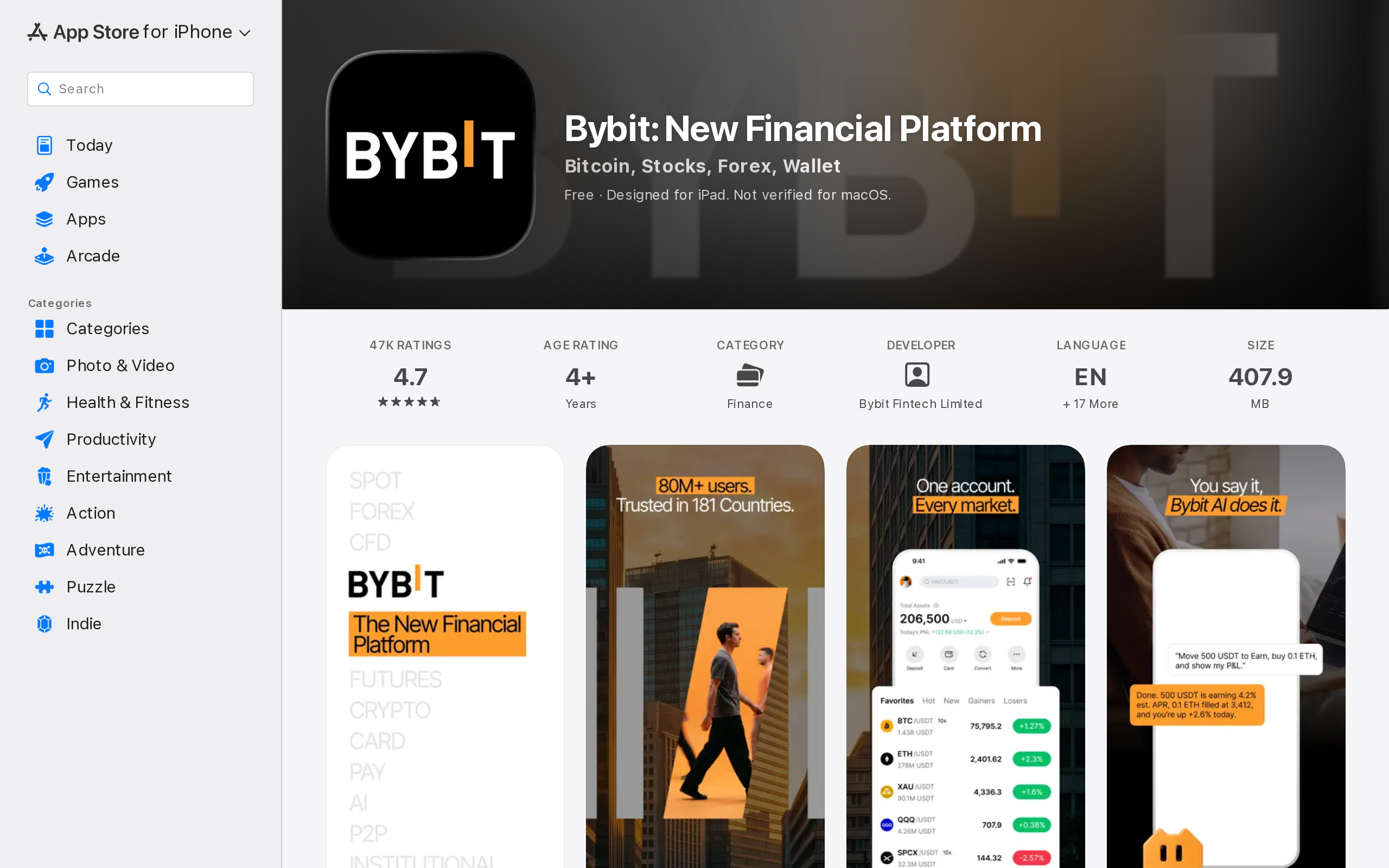 Bybit app listing on the App Store showing screenshots of the trading screens and the developer name