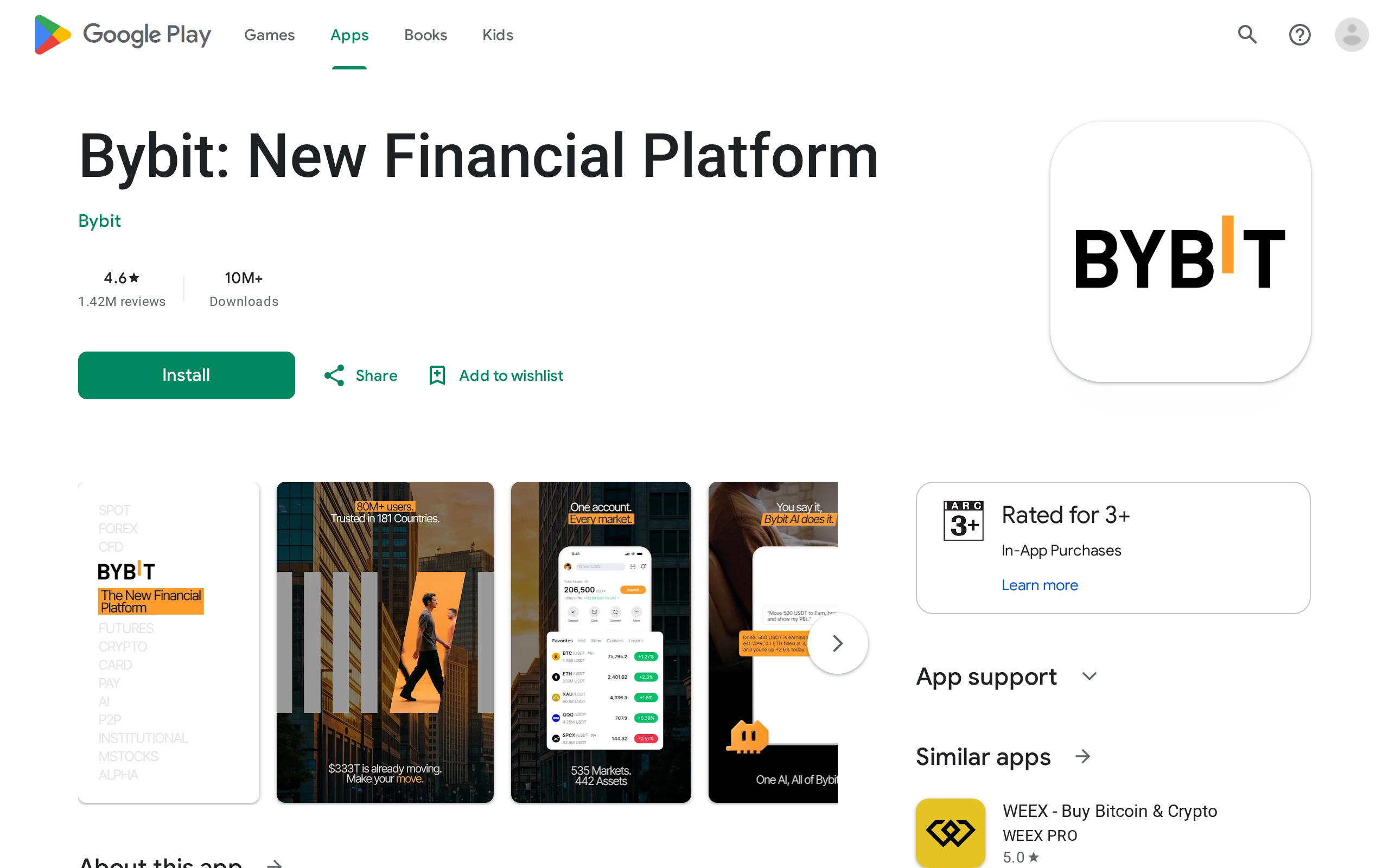 Google Play listing for Bybit: New Financial Platform with an About this app section and app screenshots