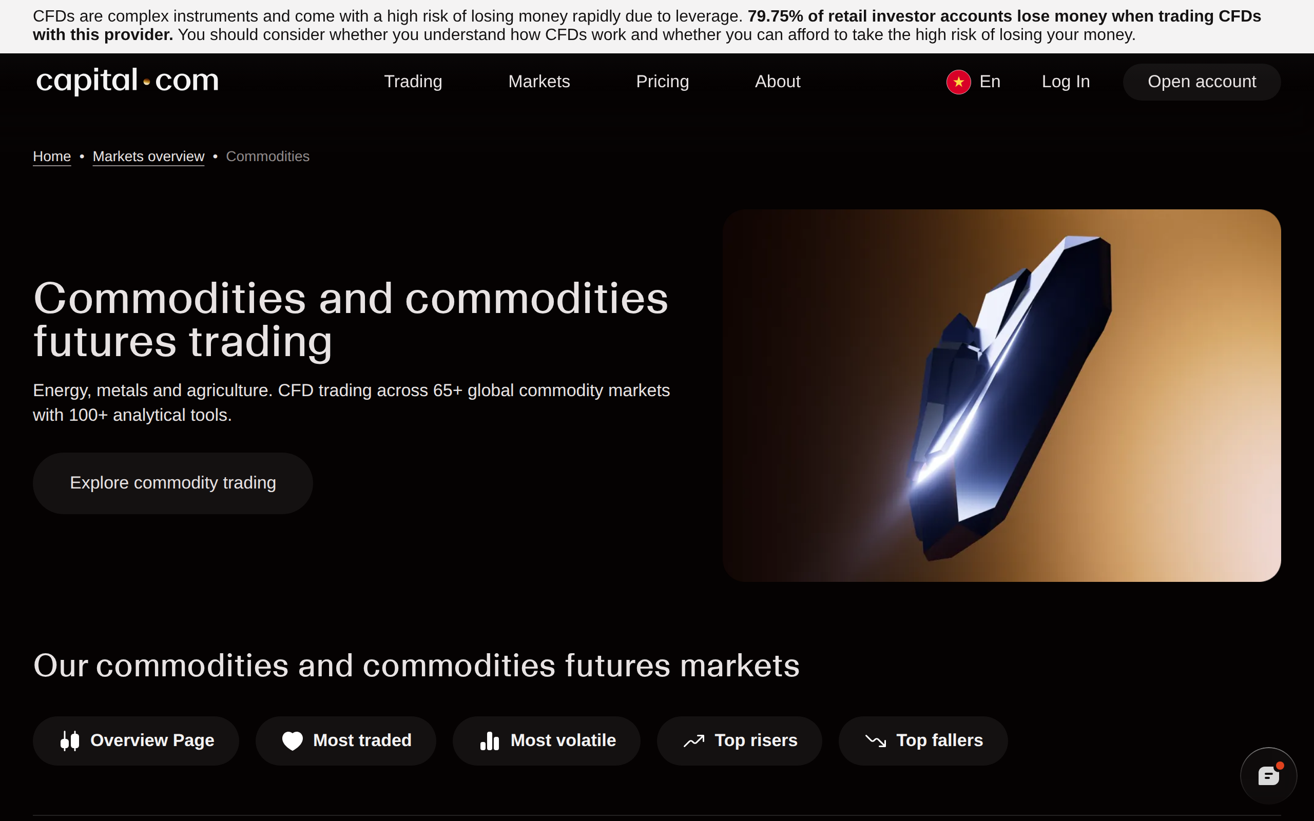 Capital.com commodities page headed Commodities and commodities futures trading describing 65+ global commodity markets