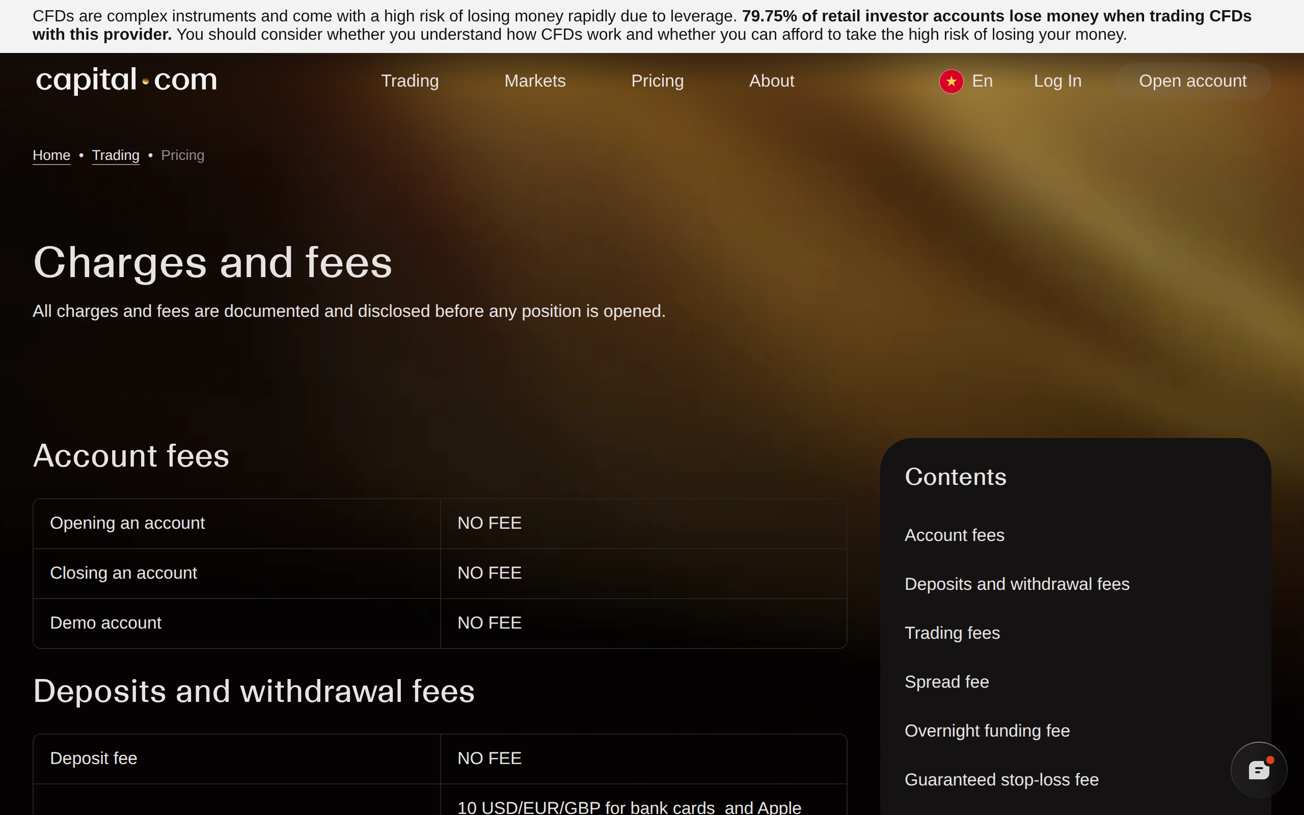 Capital.com Charges and fees page with sections for account fees and deposit and withdrawal fees, listing a 10 USD card minimum
