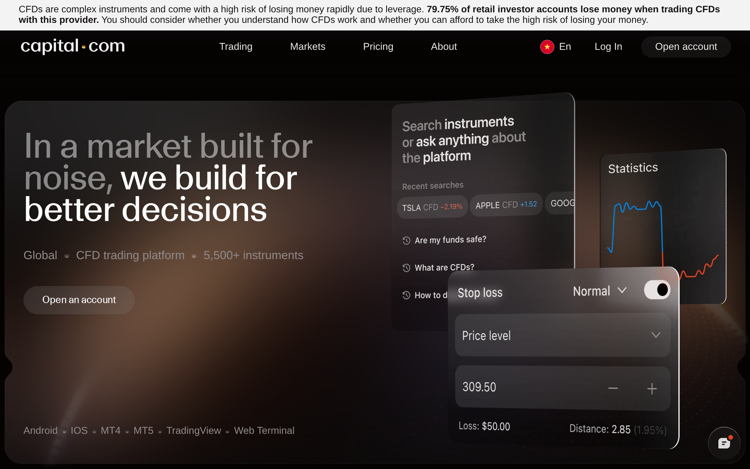 Capital.com homepage with the headline In a market built for noise, we build for better decisions and a Bahamas regulator notice