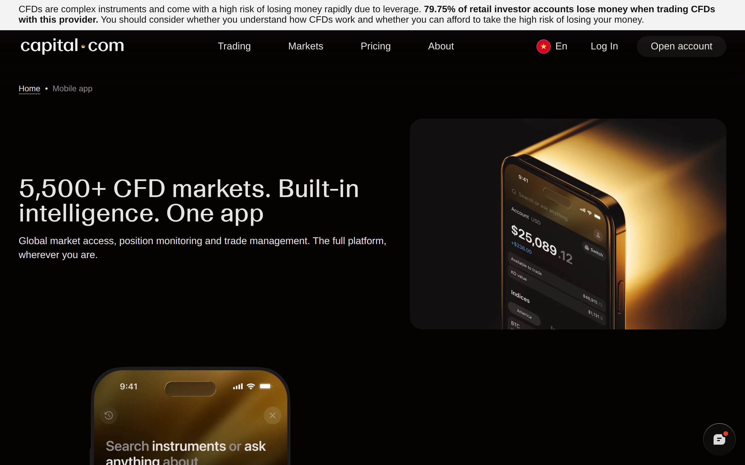 Capital.com trading platforms page with the heading 5,500+ CFD markets, built-in intelligence, one app and phone and laptop screens