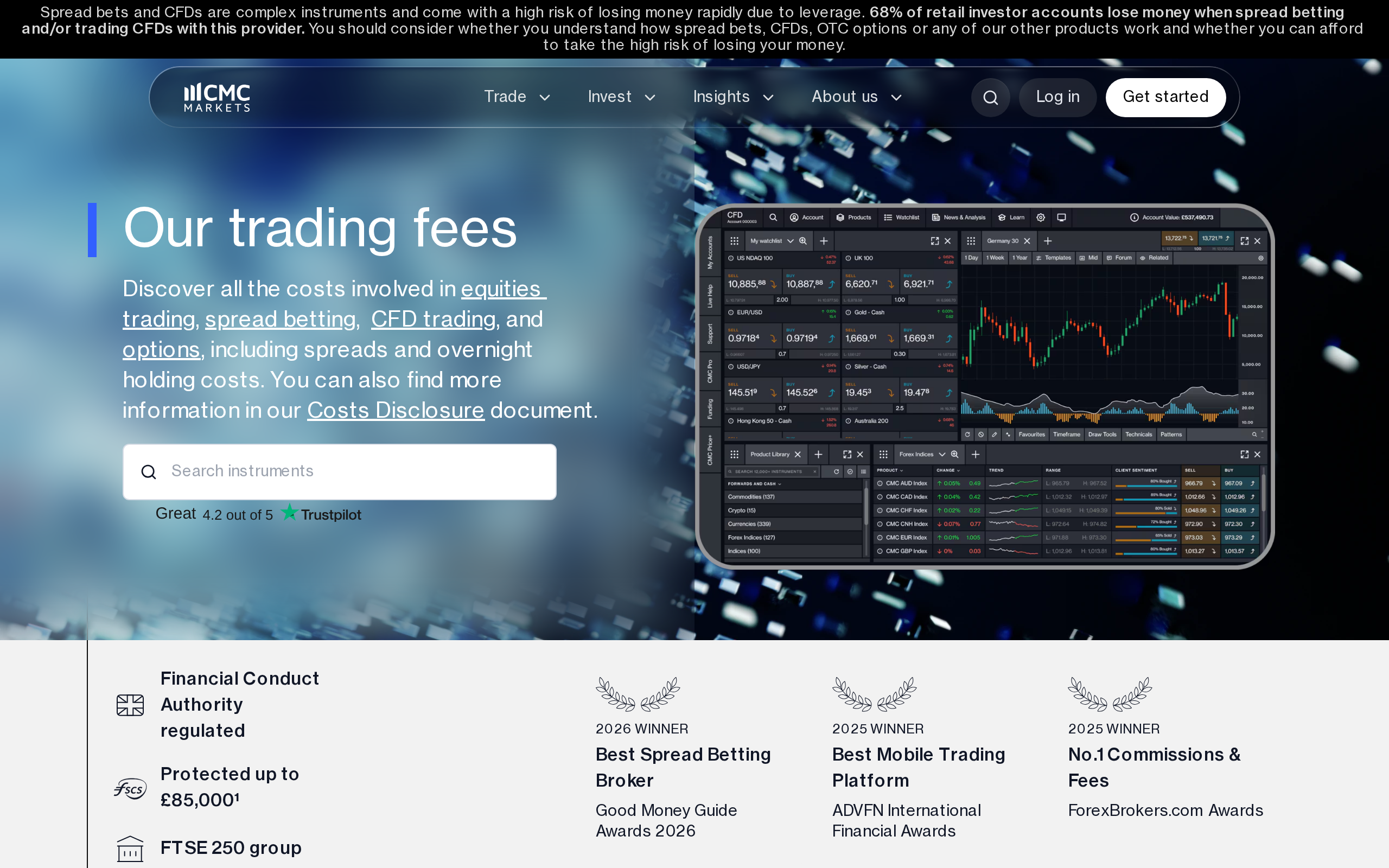 CMC Markets trading fees page with the headline Our trading fees and a Next Generation screenshot