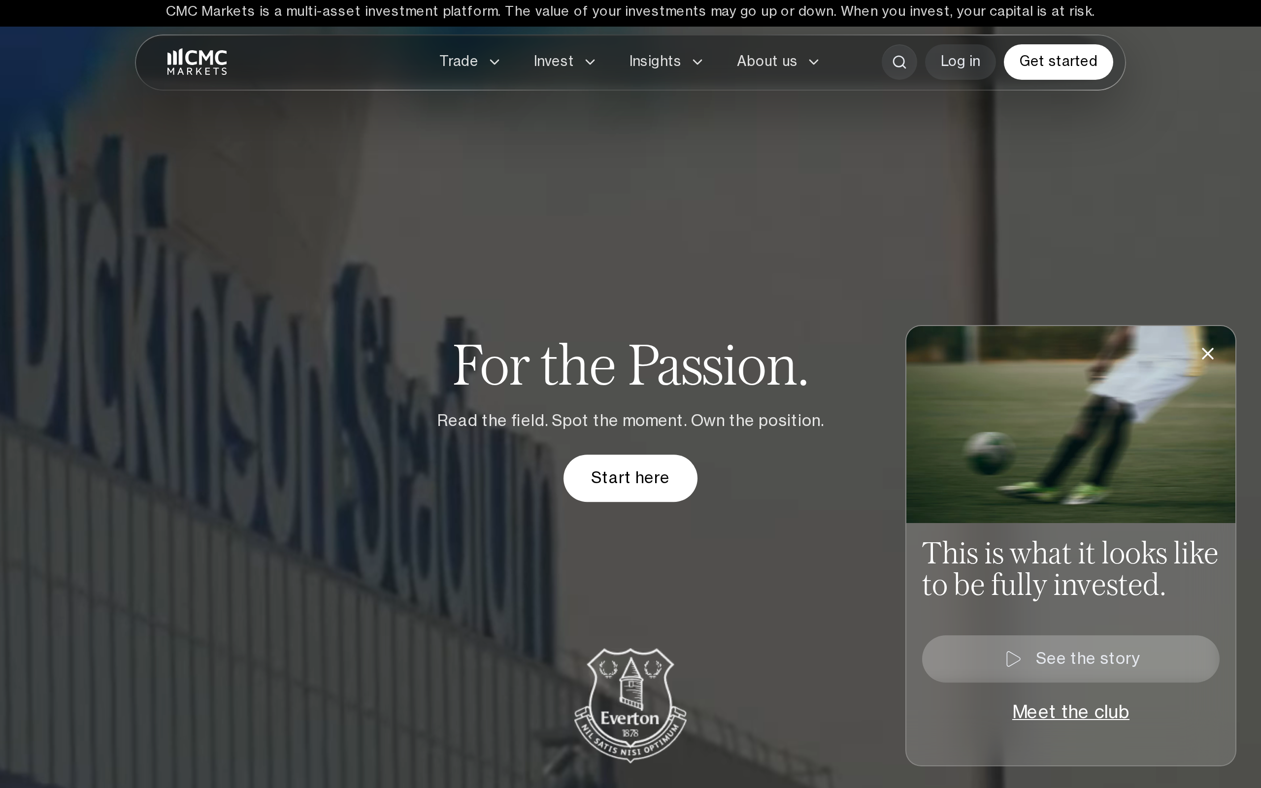 CMC Markets homepage with the headline For the Passion and a risk warning about capital at risk