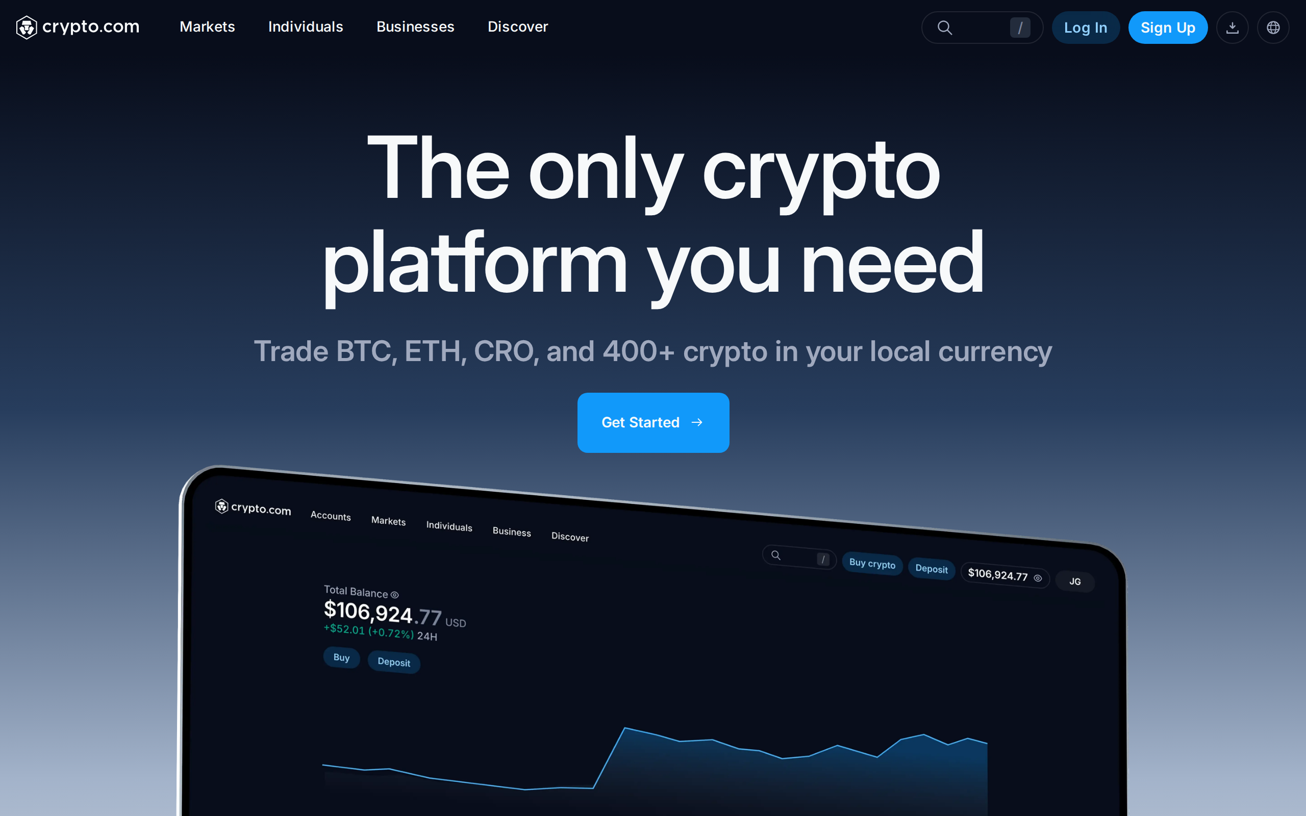 Crypto.com homepage on a dark background headed 'The only crypto platform you need' with a hero graphic