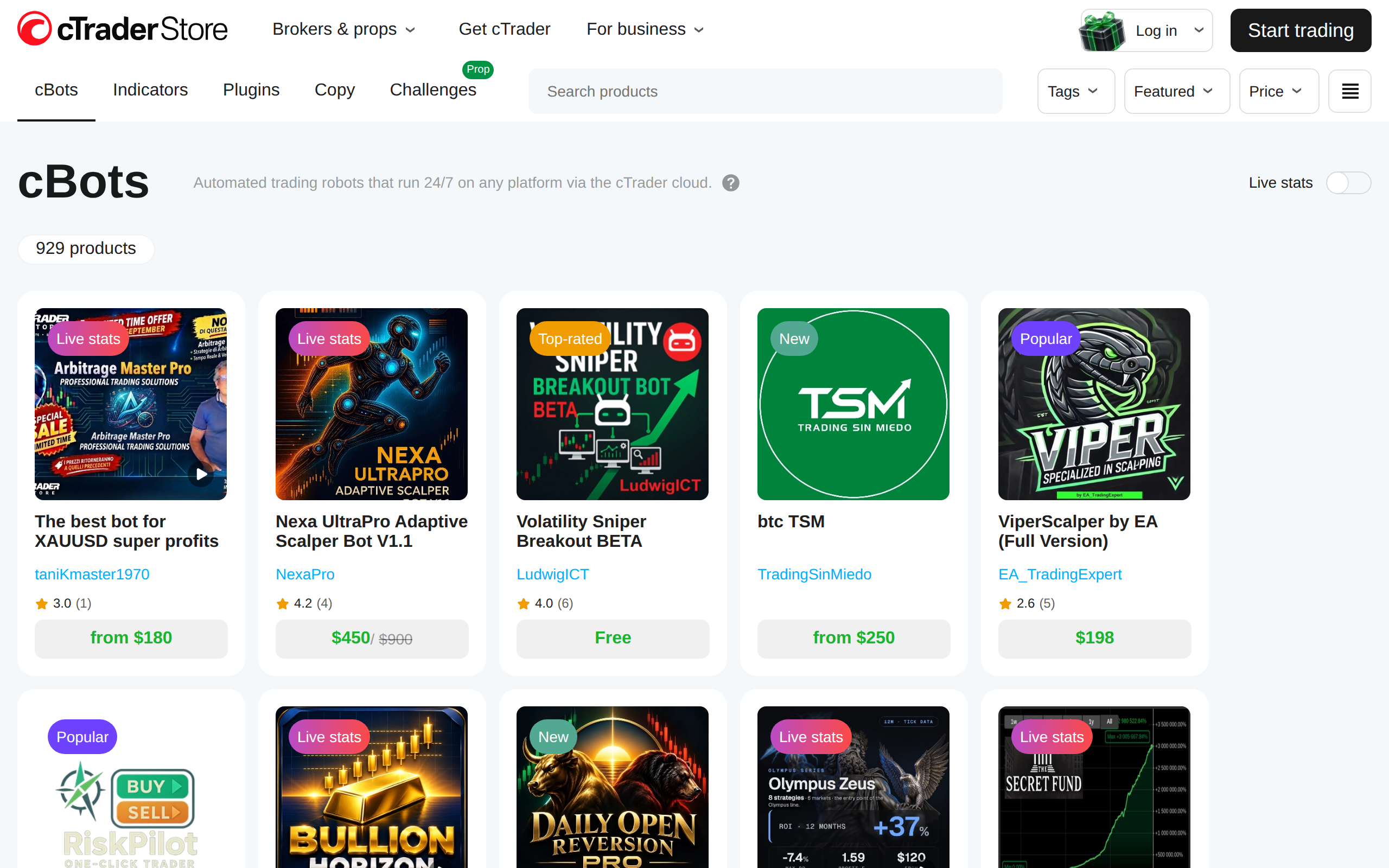 The cBots page in the cTrader Store showing the heading cBots and listed bots at $50, $180 and $450