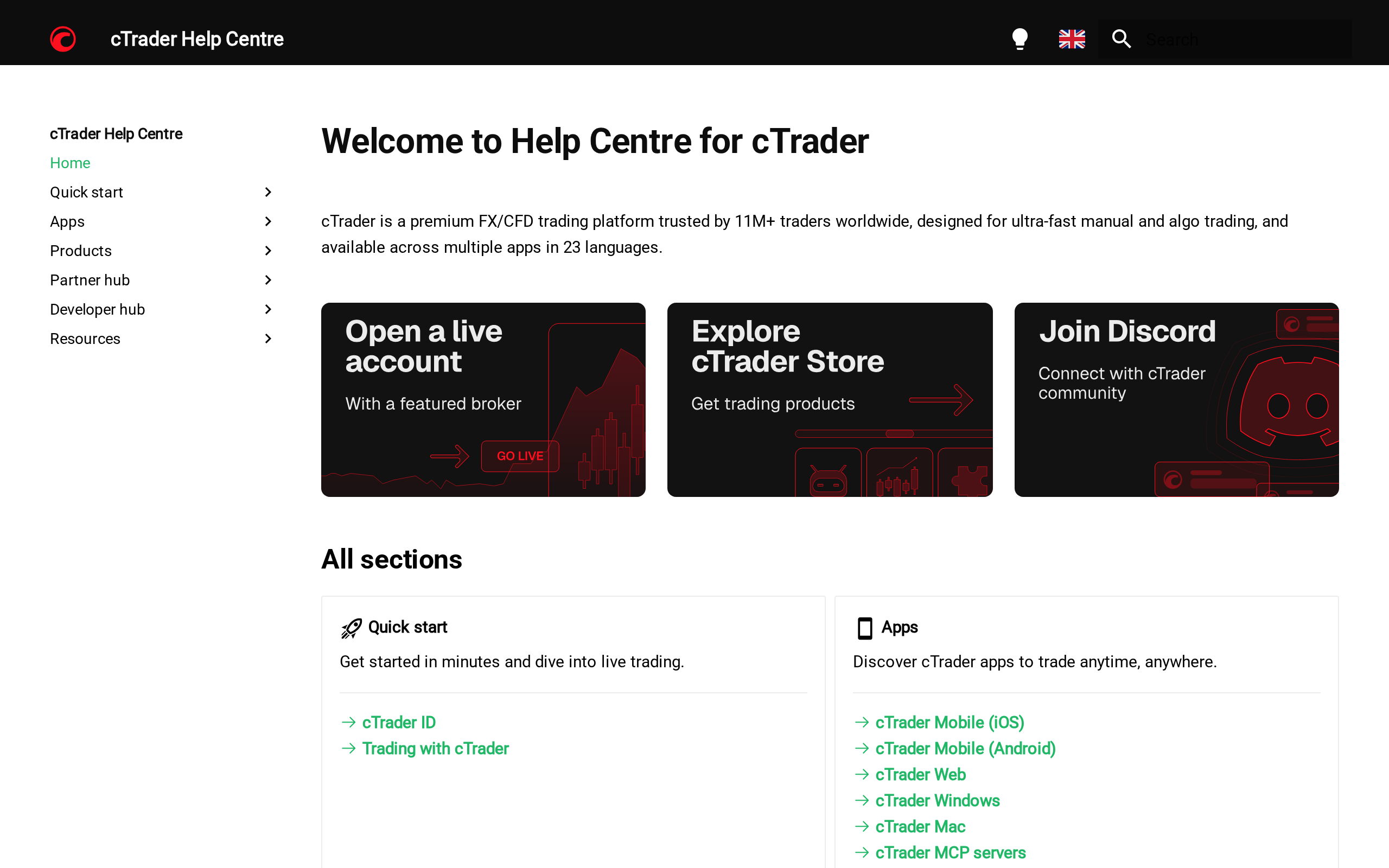 cTrader Help Centre homepage with the heading Welcome to Help Centre for cTrader and the claim of 11M+ traders