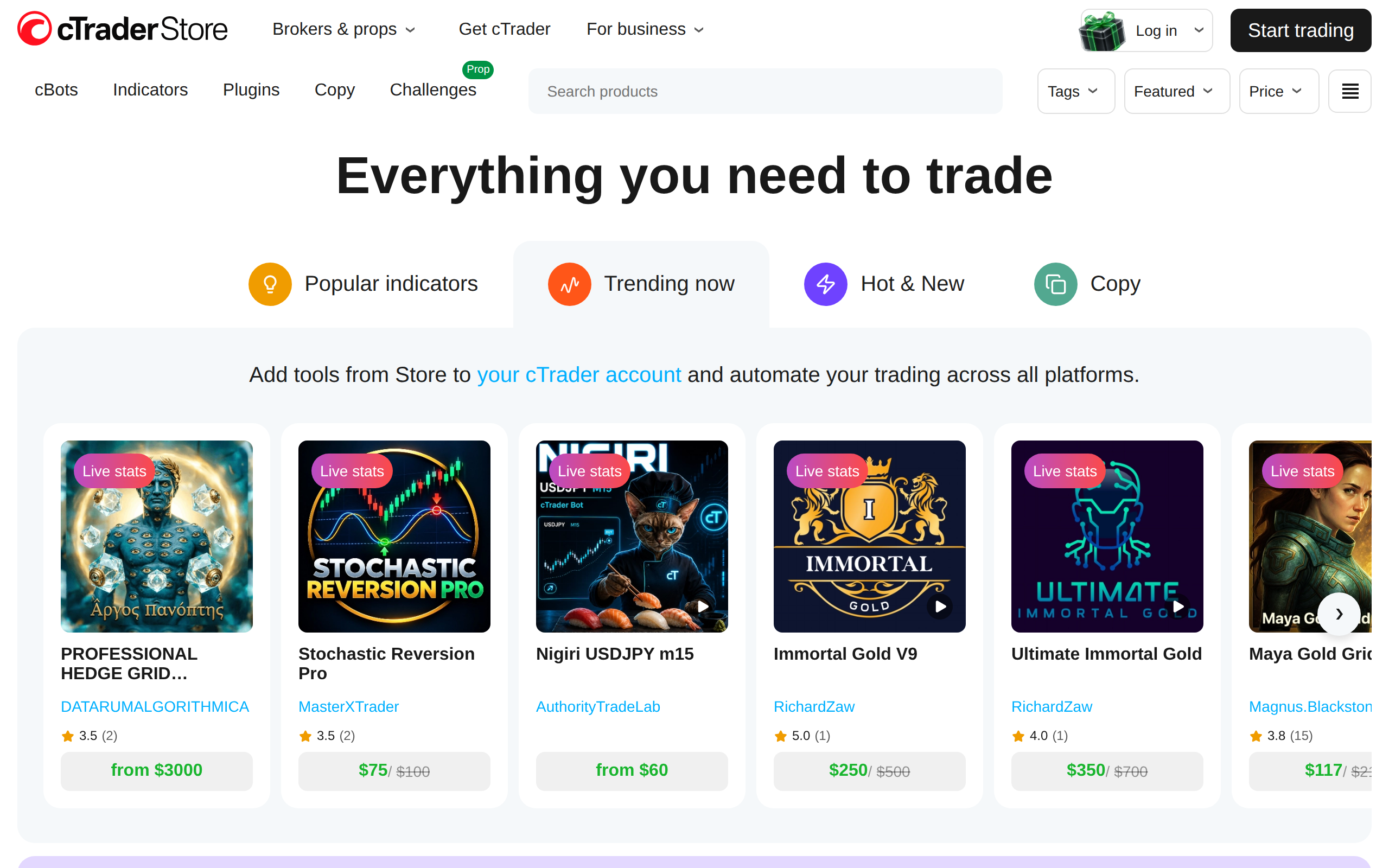 cTrader Store homepage with the headline Everything you need to trade and listed cBots priced at $50, $75 and $3000