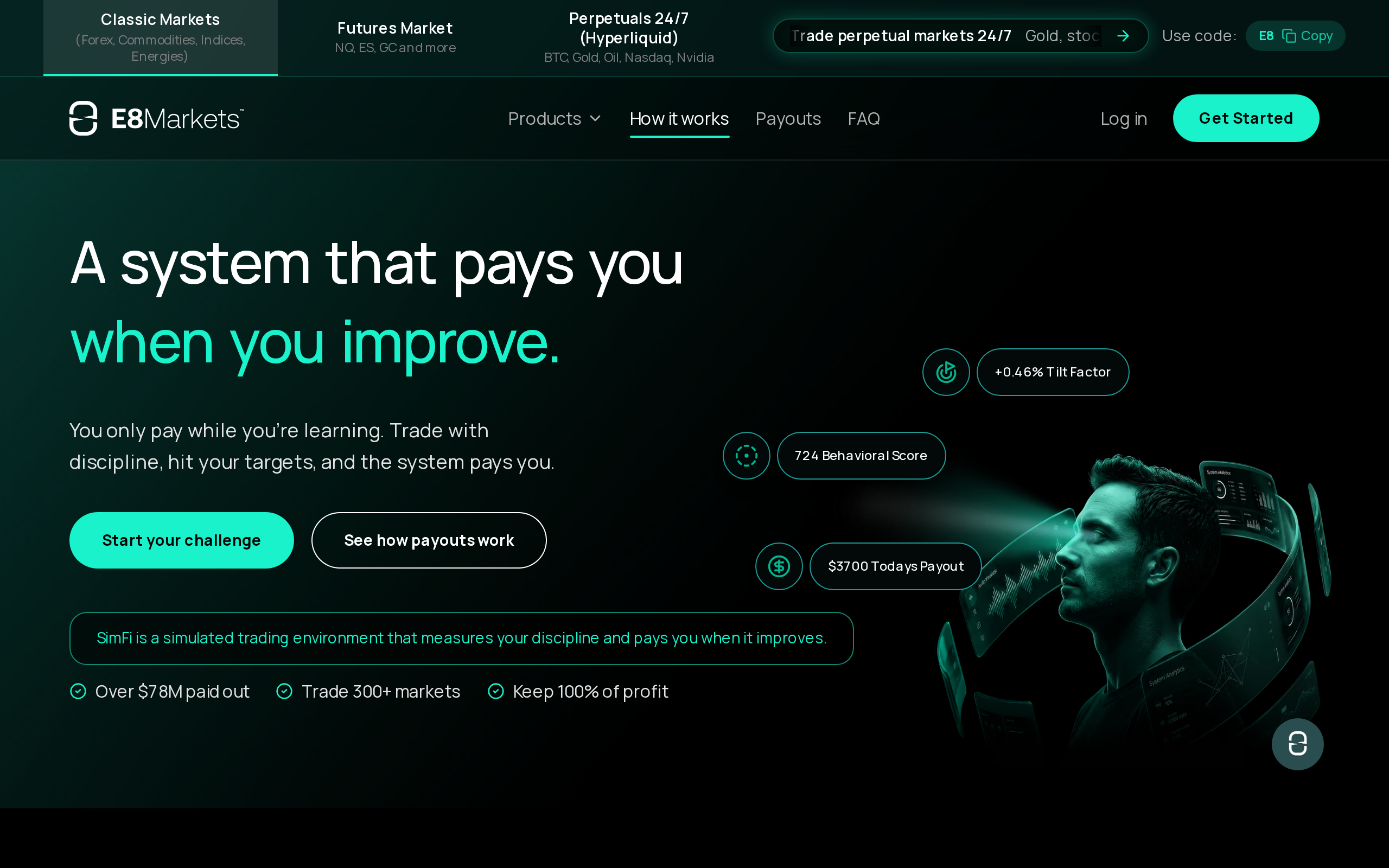 E8's how-it-works page with the headline about a system that pays you when you improve