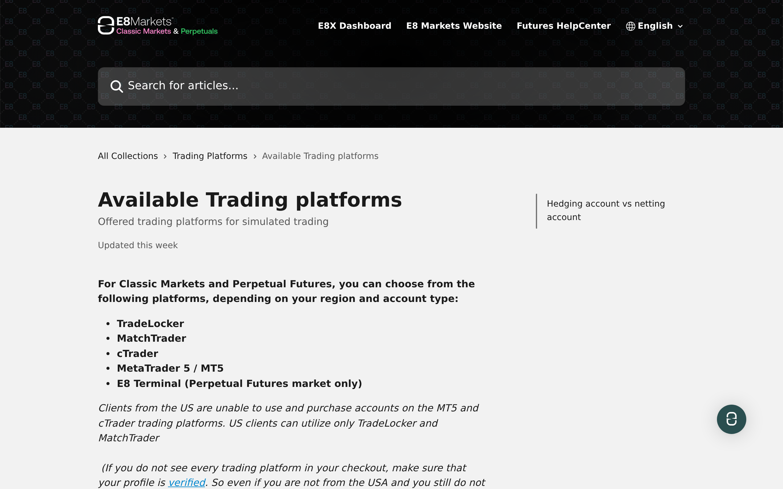 The E8 help centre page listing TradeLocker, MatchTrader, cTrader, MT5 and the E8 Terminal