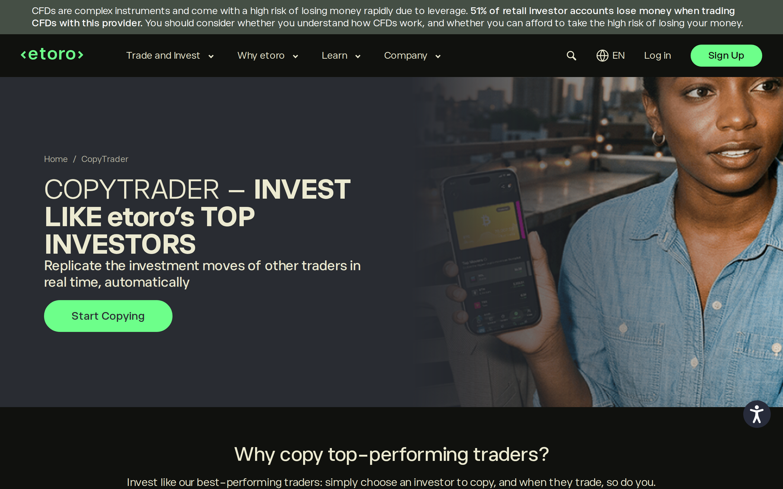 eToro CopyTrader page with the heading CopyTrader, invest like eToro's top investors