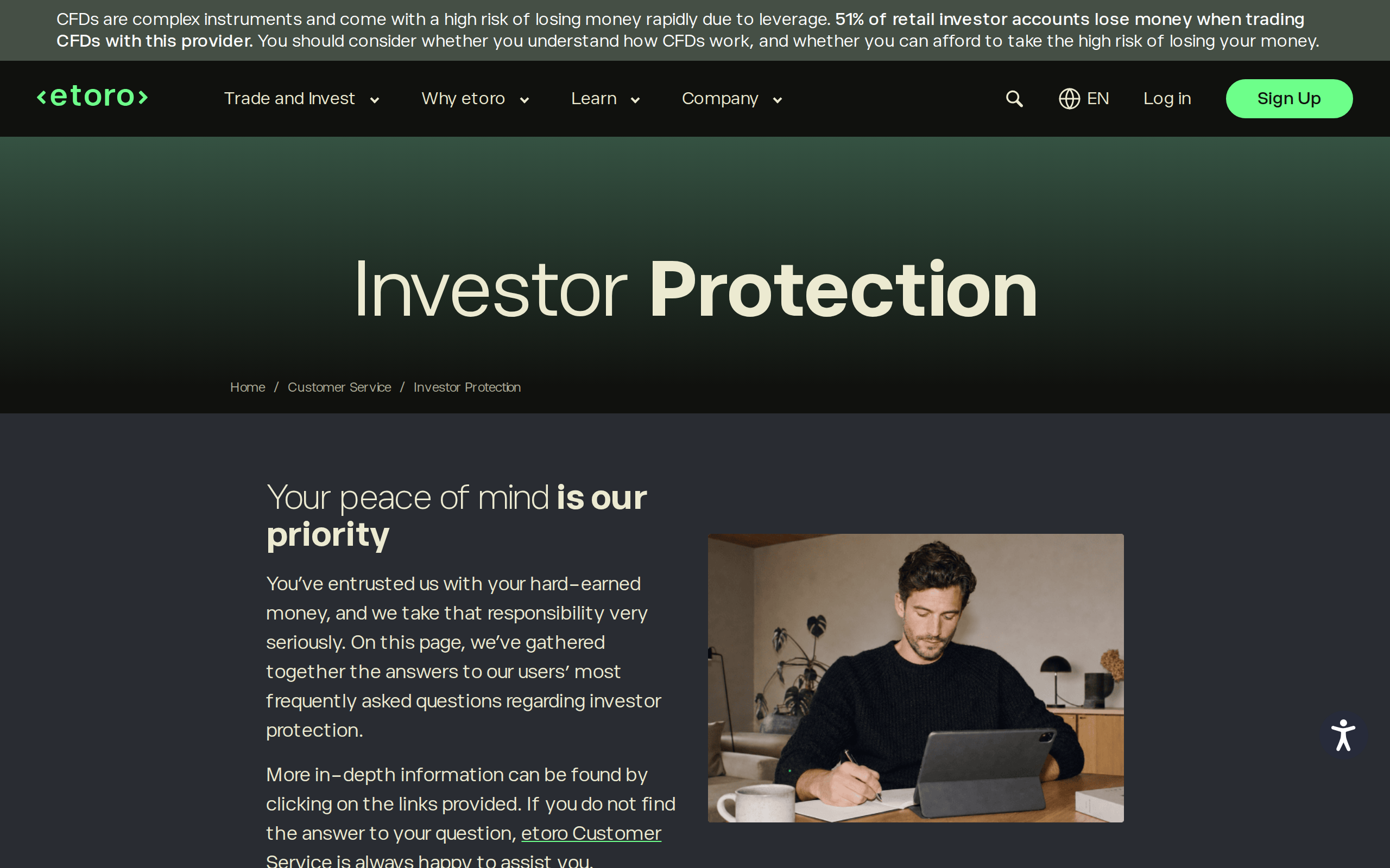 eToro investor protection page with the heading Investor Protection