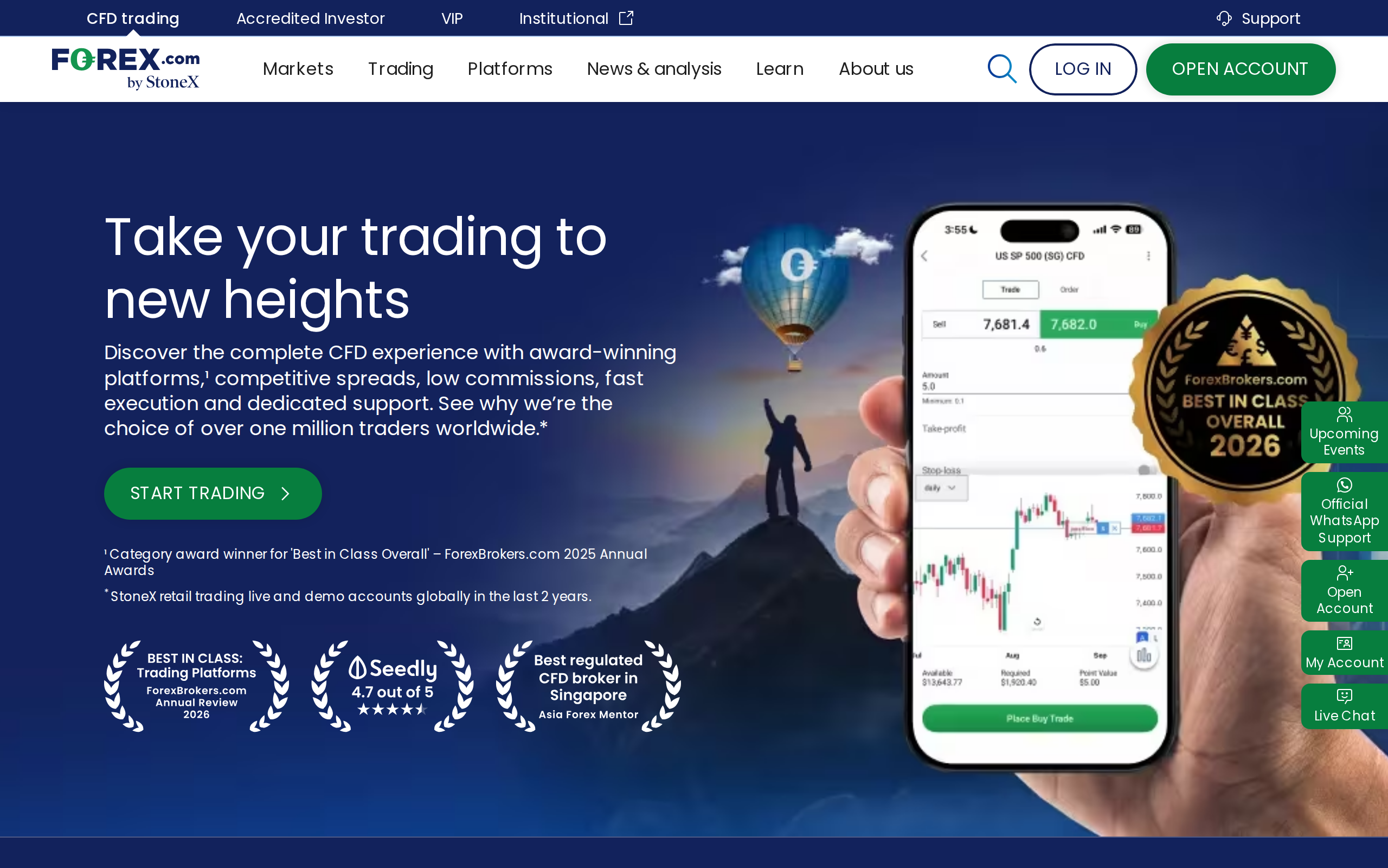 FOREX.com Singapore homepage with the headline 'Take your trading to new heights' over a dark background and a smartphone showing a candlestick chart