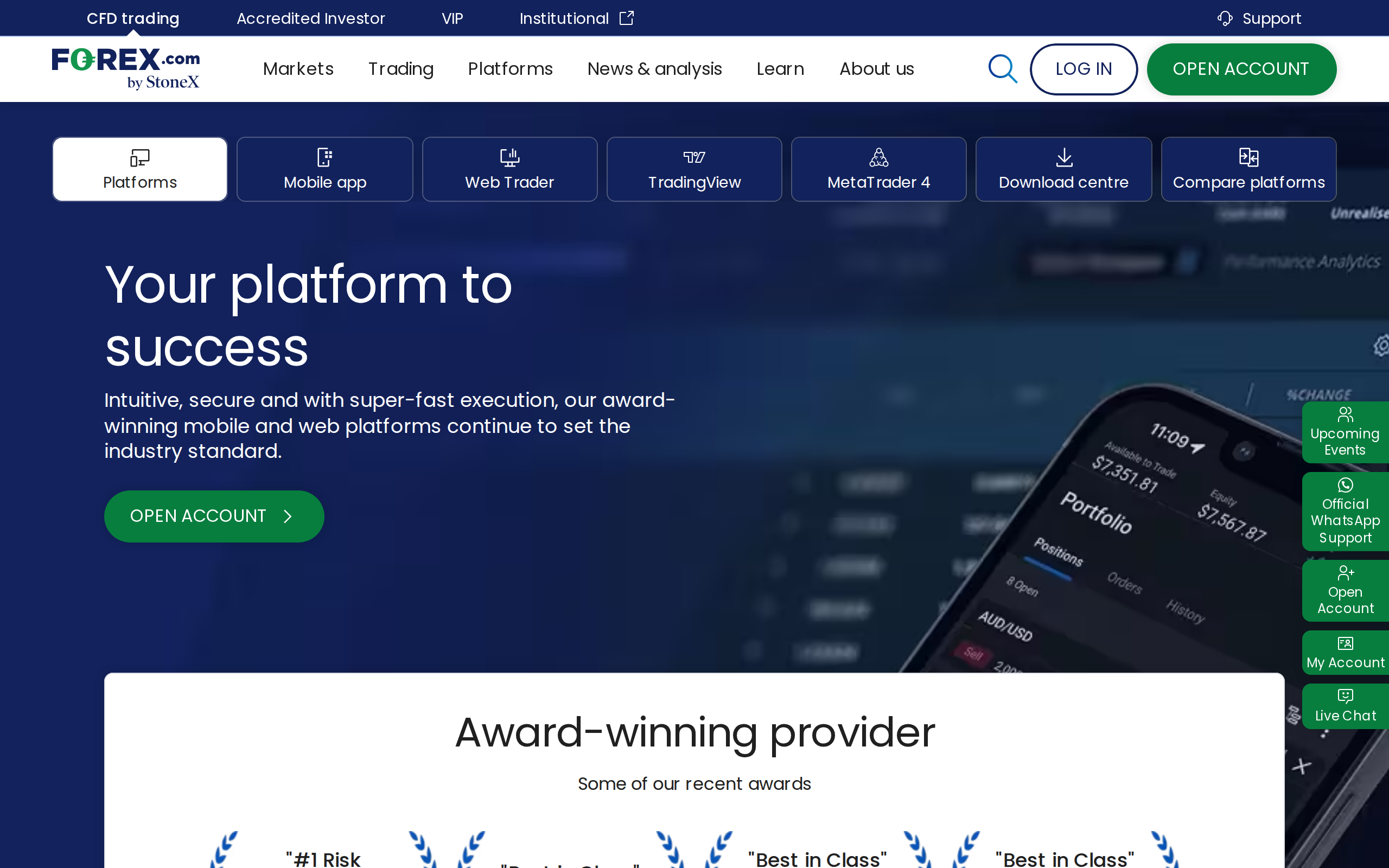 FOREX.com mobile trading apps page headed 'Your platform to success' with an image of a portfolio screen