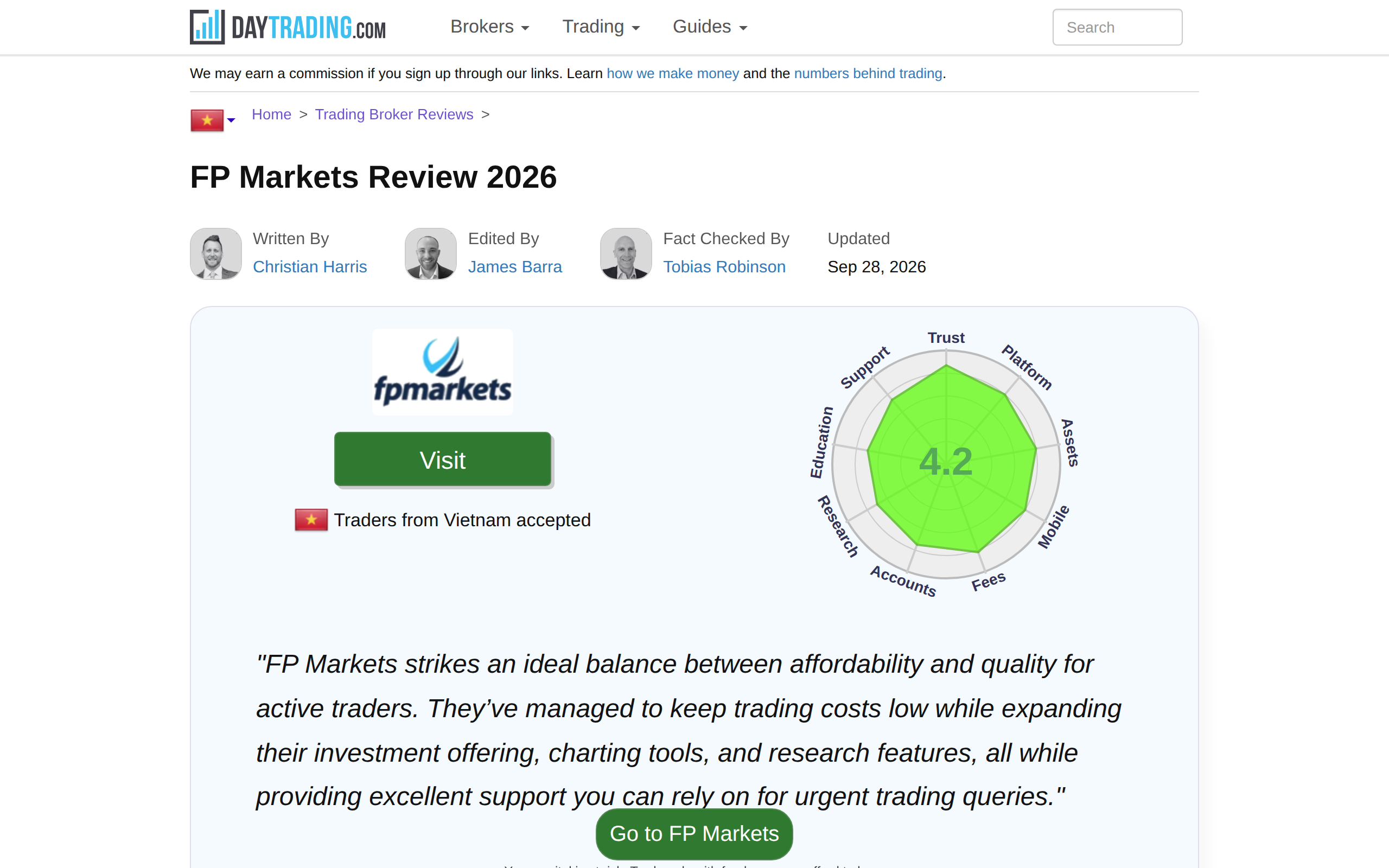 Daytrading.com FP Markets Review 2026 page with a rating graphic beside the broker heading