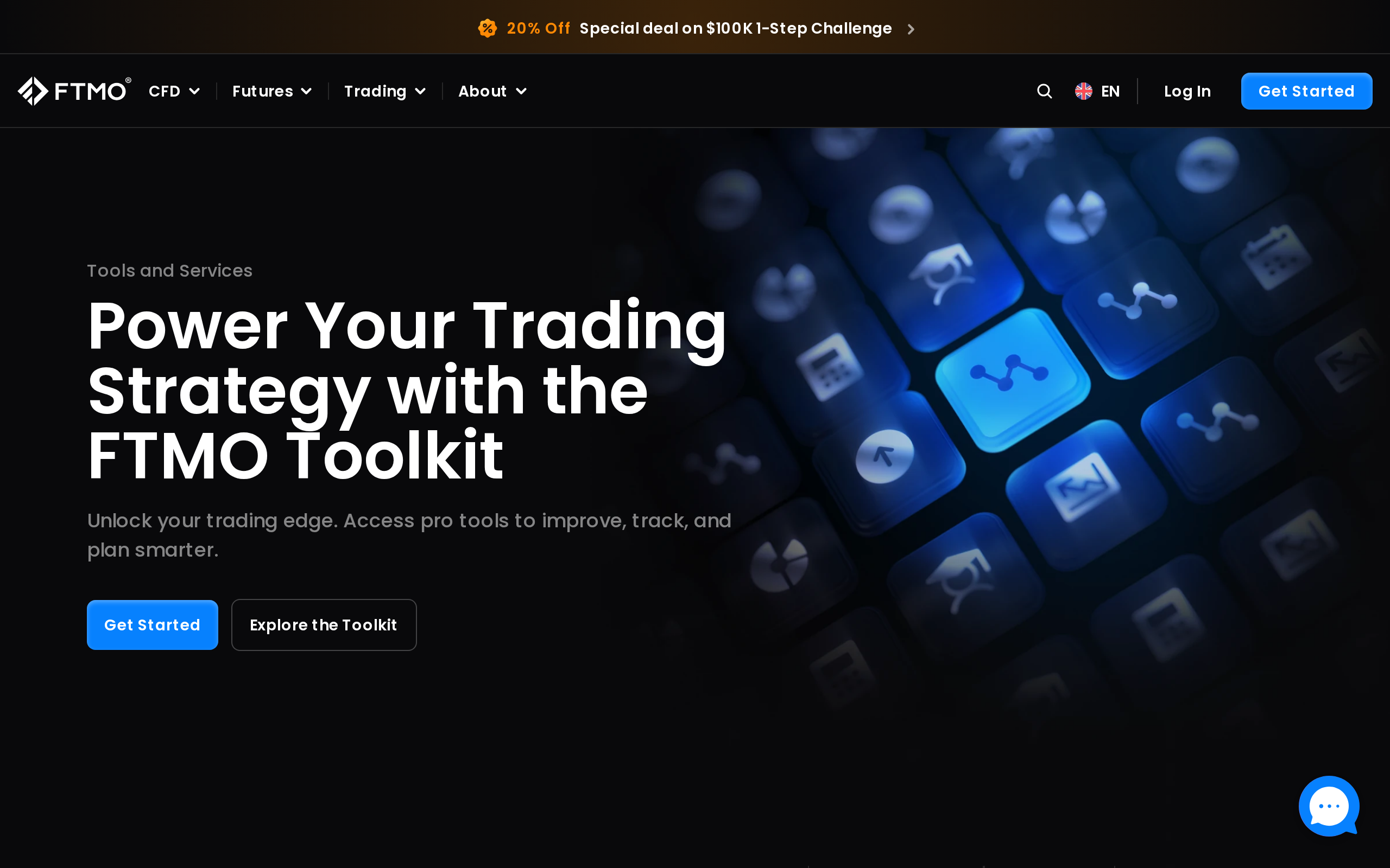 FTMO trading tools page with the heading Power Your Trading Strategy with the FTMO Toolkit