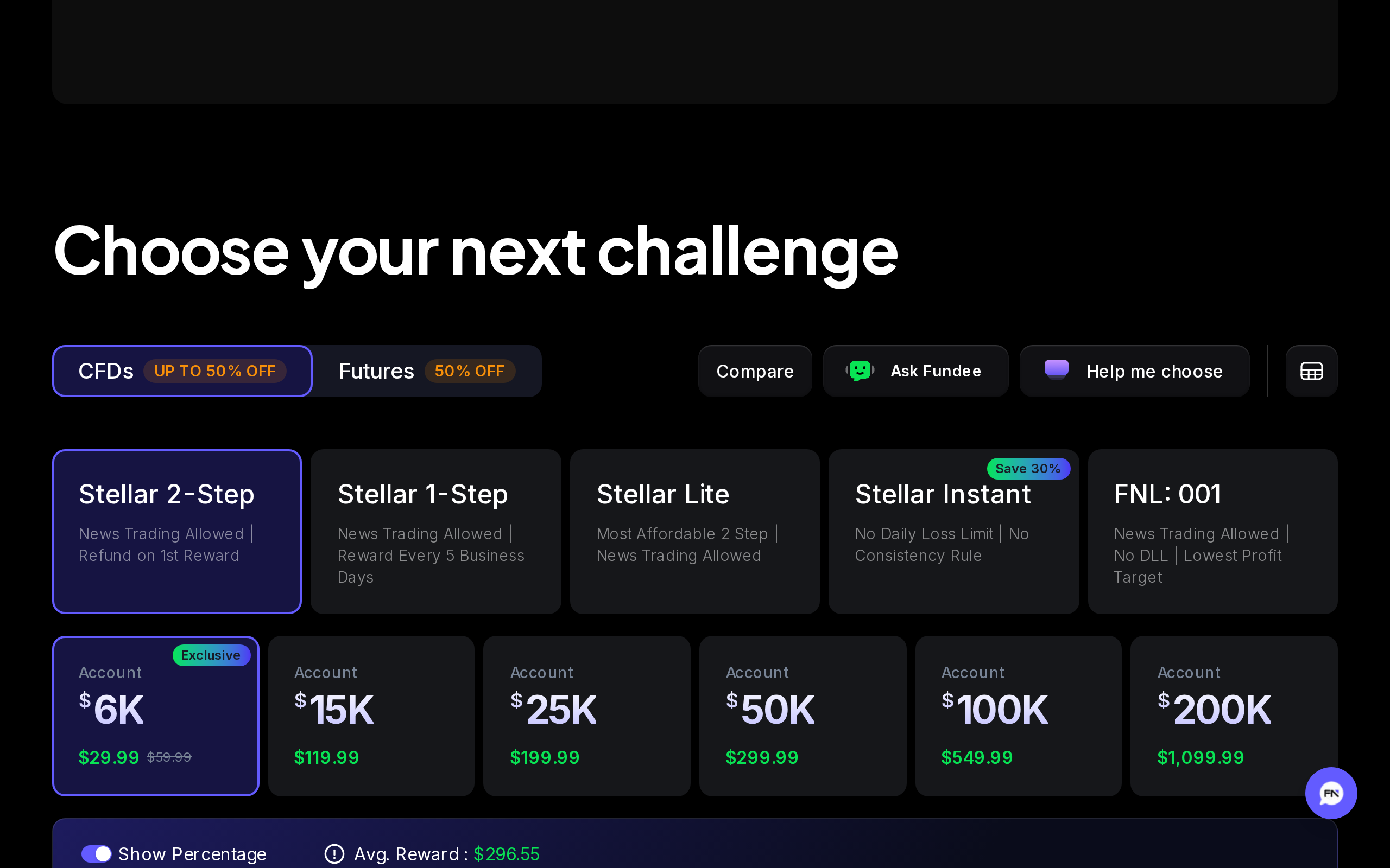 FundedNext's challenge page showing 'Choose your next challenge' with news trading allowed and reward timing tags