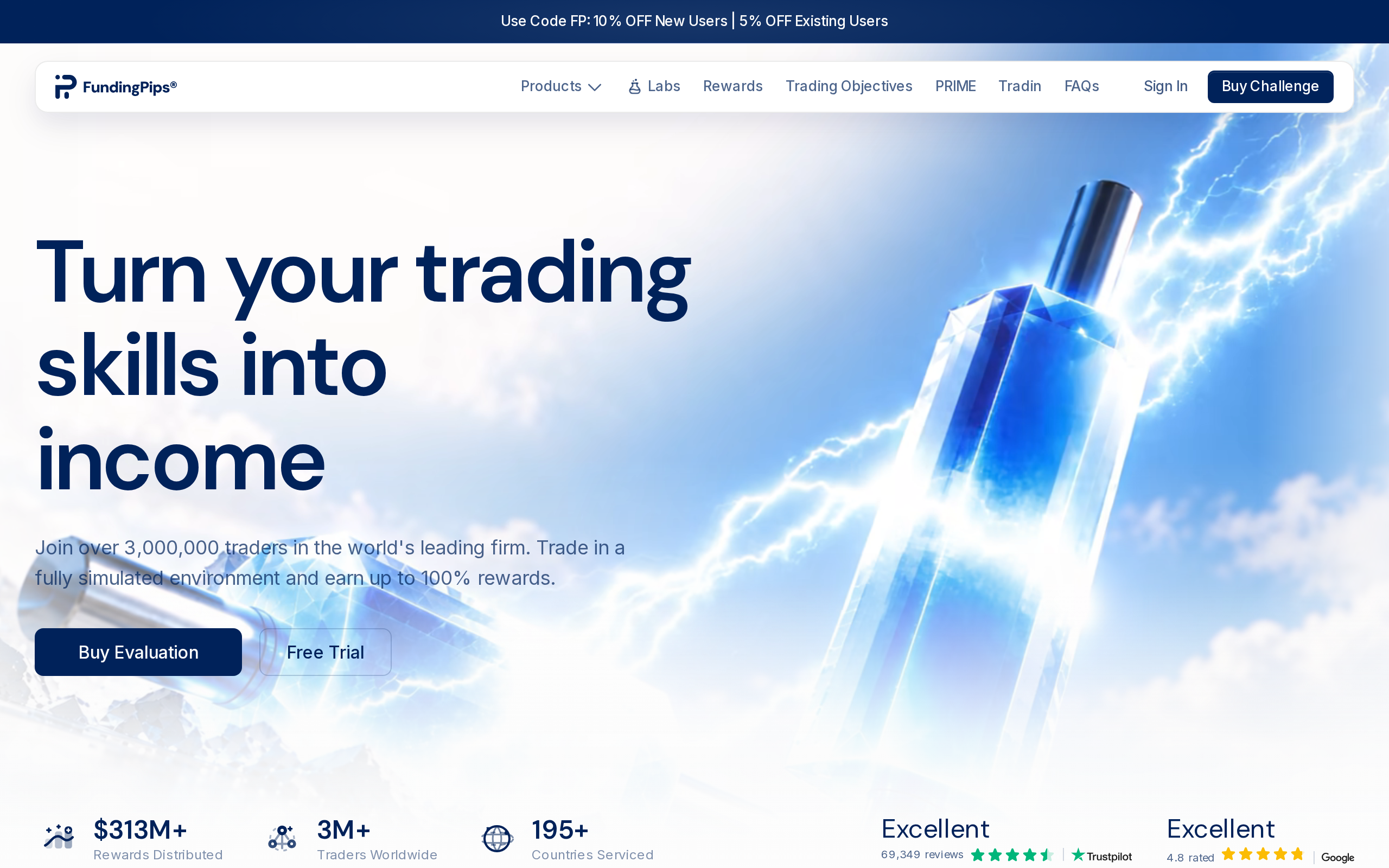 FundingPips homepage with the headline Turn your trading skills into income and a discount banner