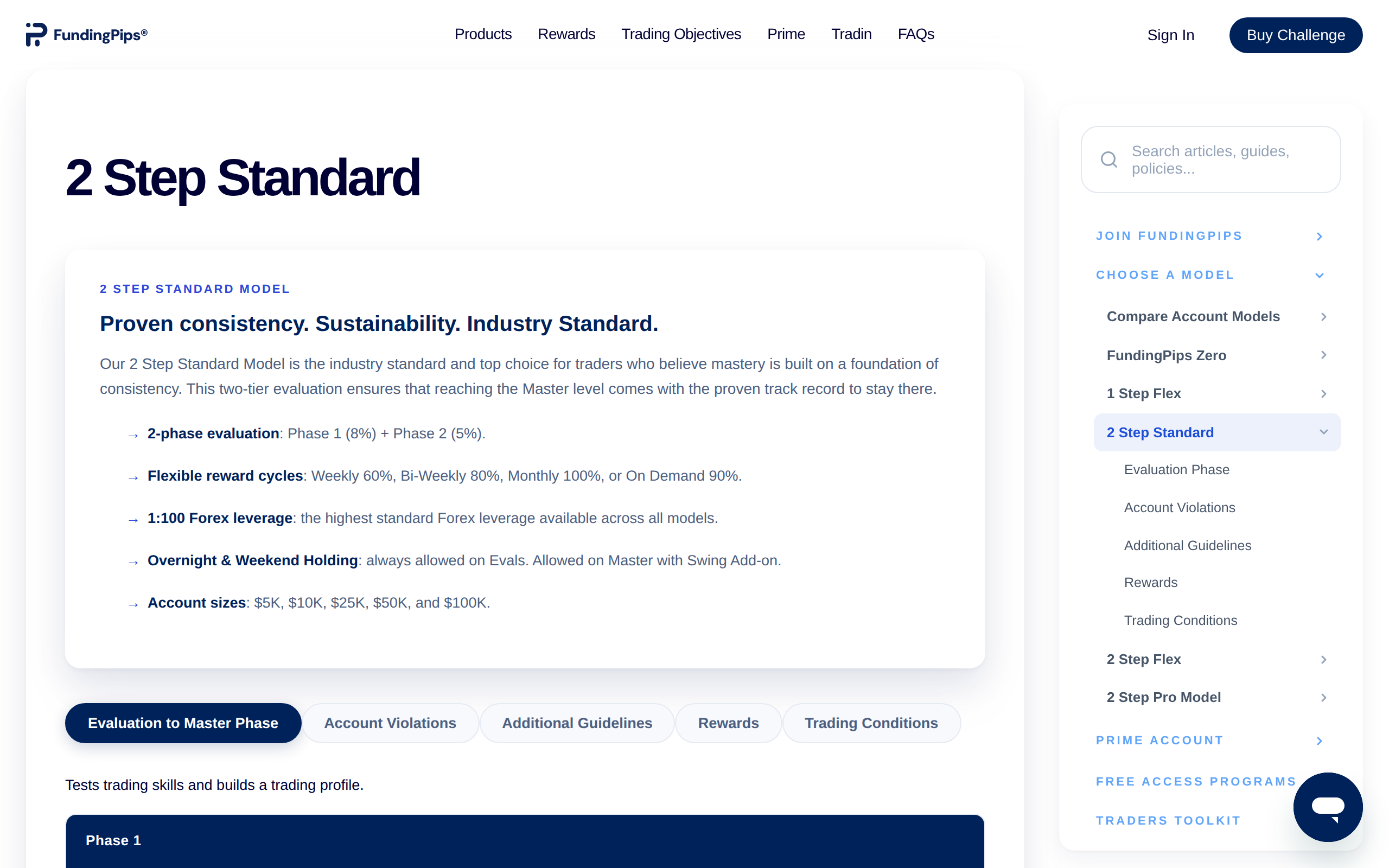 FundingPips help page for the 2 Step Standard model, with phase targets and reward cycles