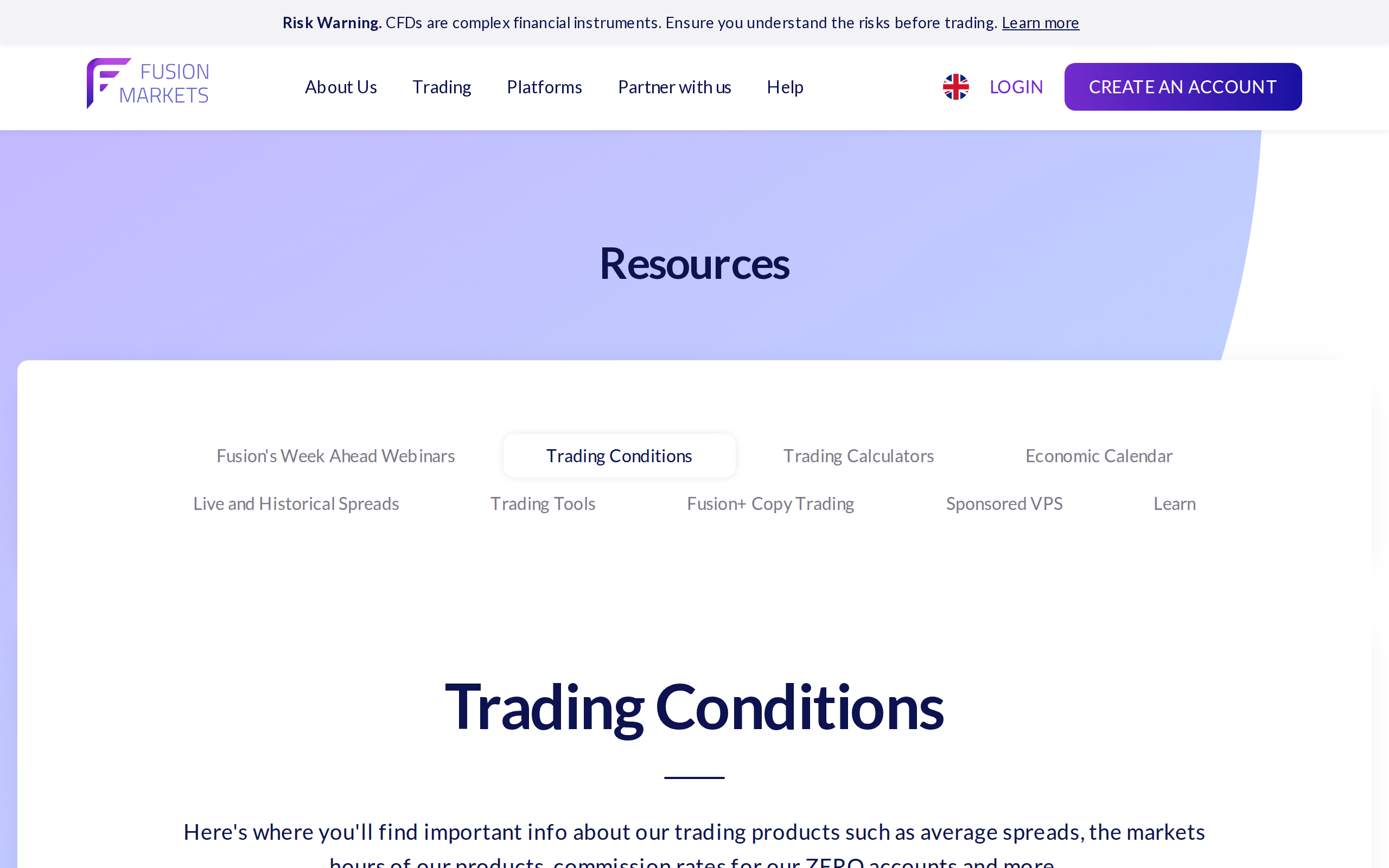 Fusion Markets trading conditions page headed Resources with a note on average spreads and commission rates