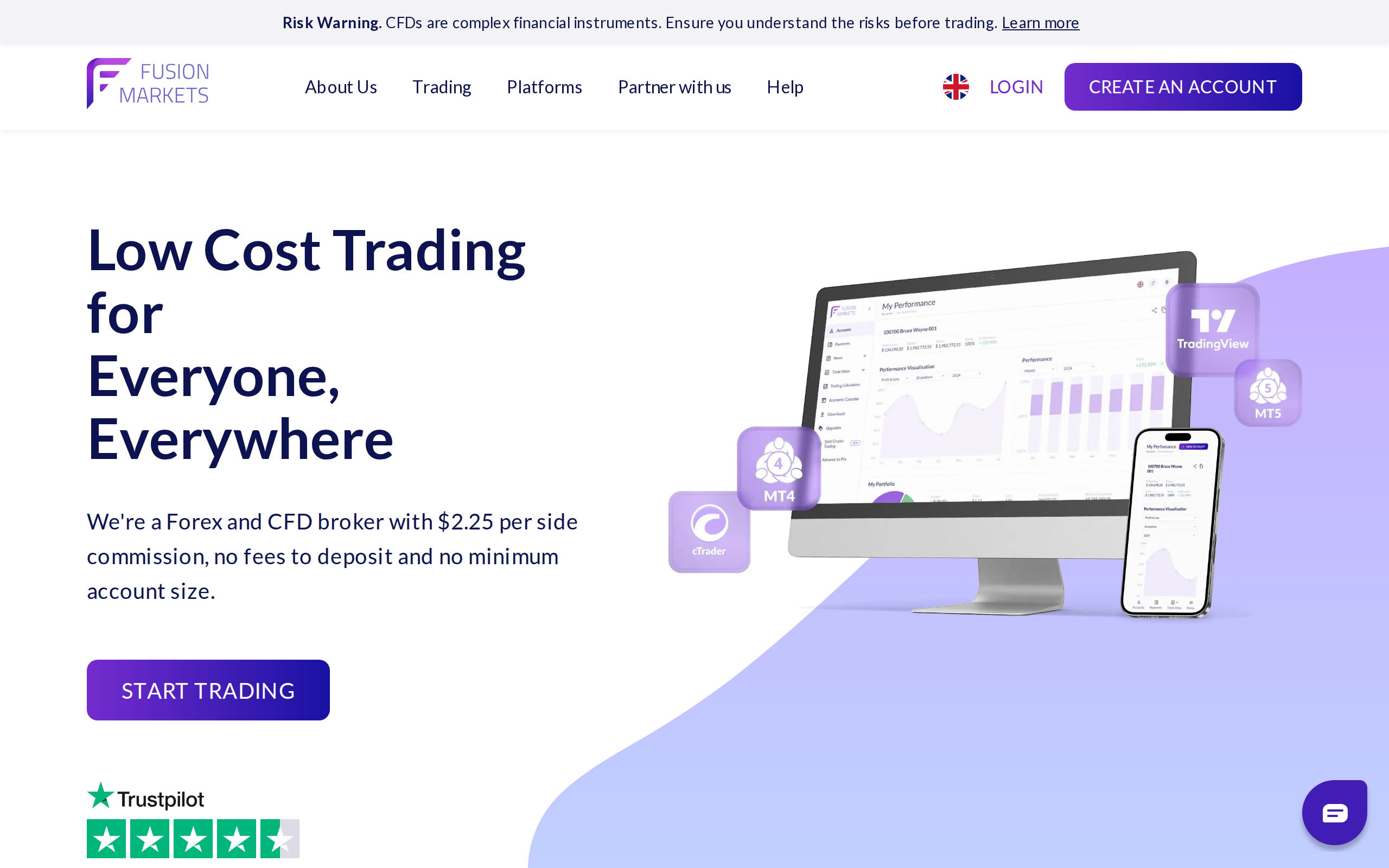 Fusion Markets home page headed Low Cost Trading for Everyone, Everywhere with a line about $2.25 per side commission and no minimum account size