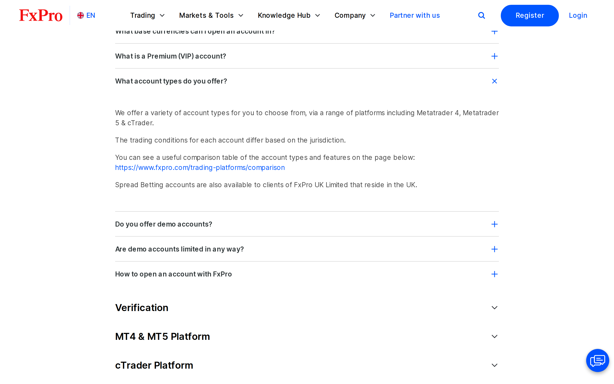 FxPro help page listing account types across MetaTrader 4, MetaTrader 5 and cTrader