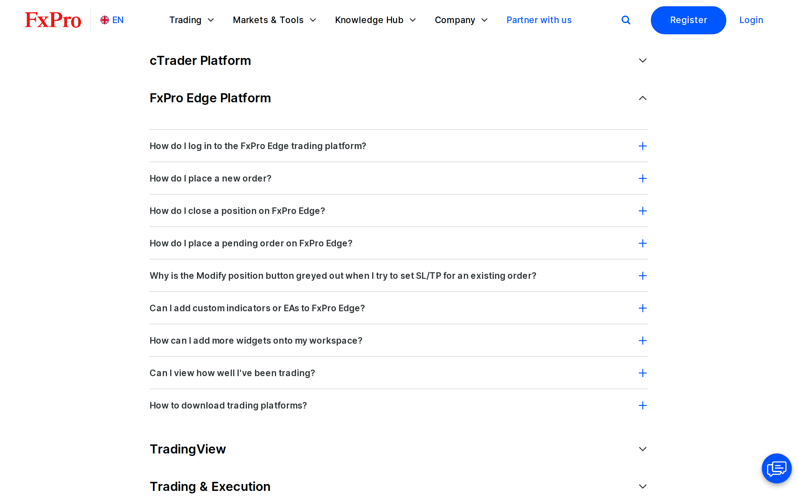 FxPro help page for the FxPro Edge platform with headings for MT4 and MT5, cTrader and Edge