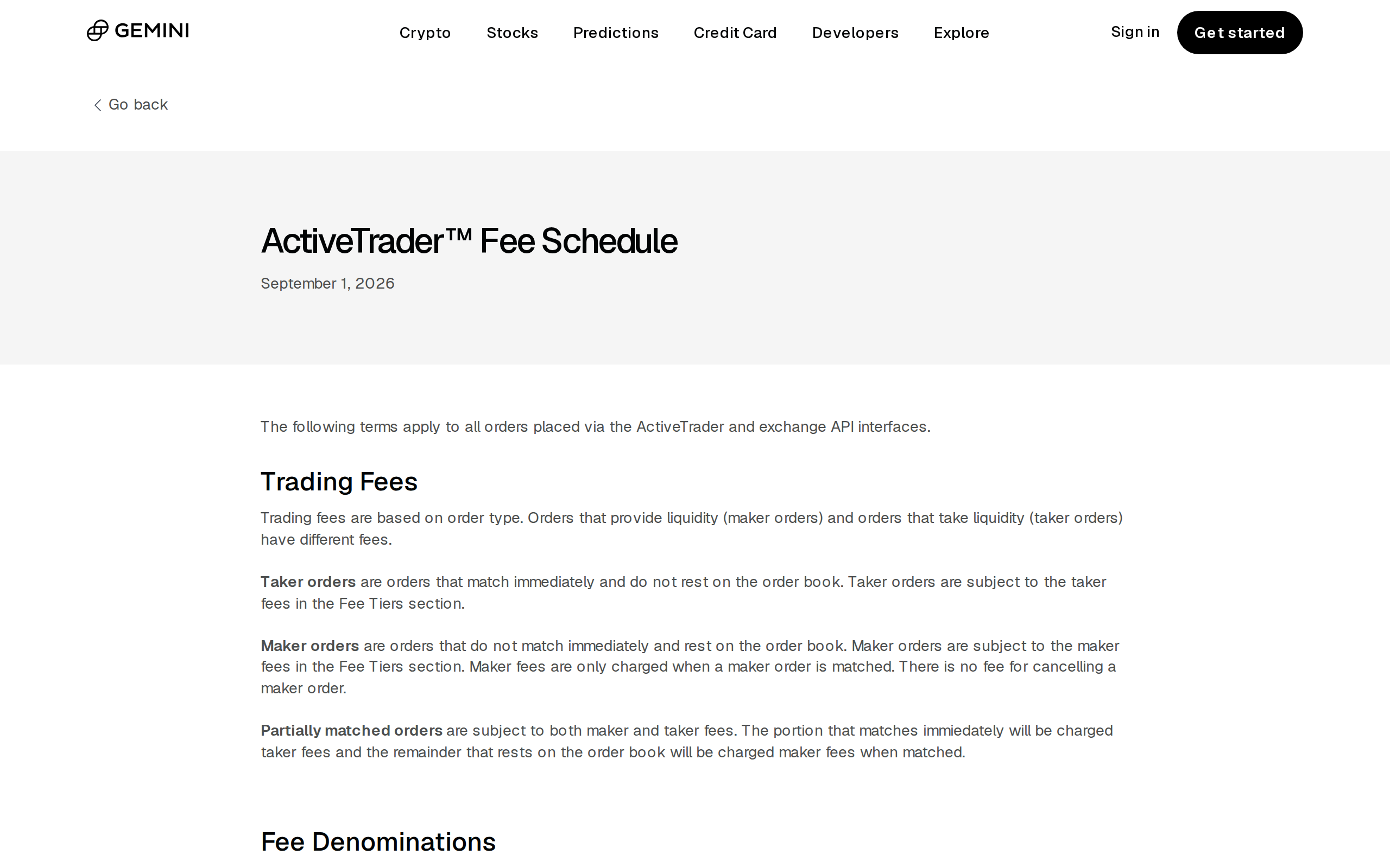 Gemini's ActiveTrader fee schedule page, listing maker and taker fees by 30-day volume