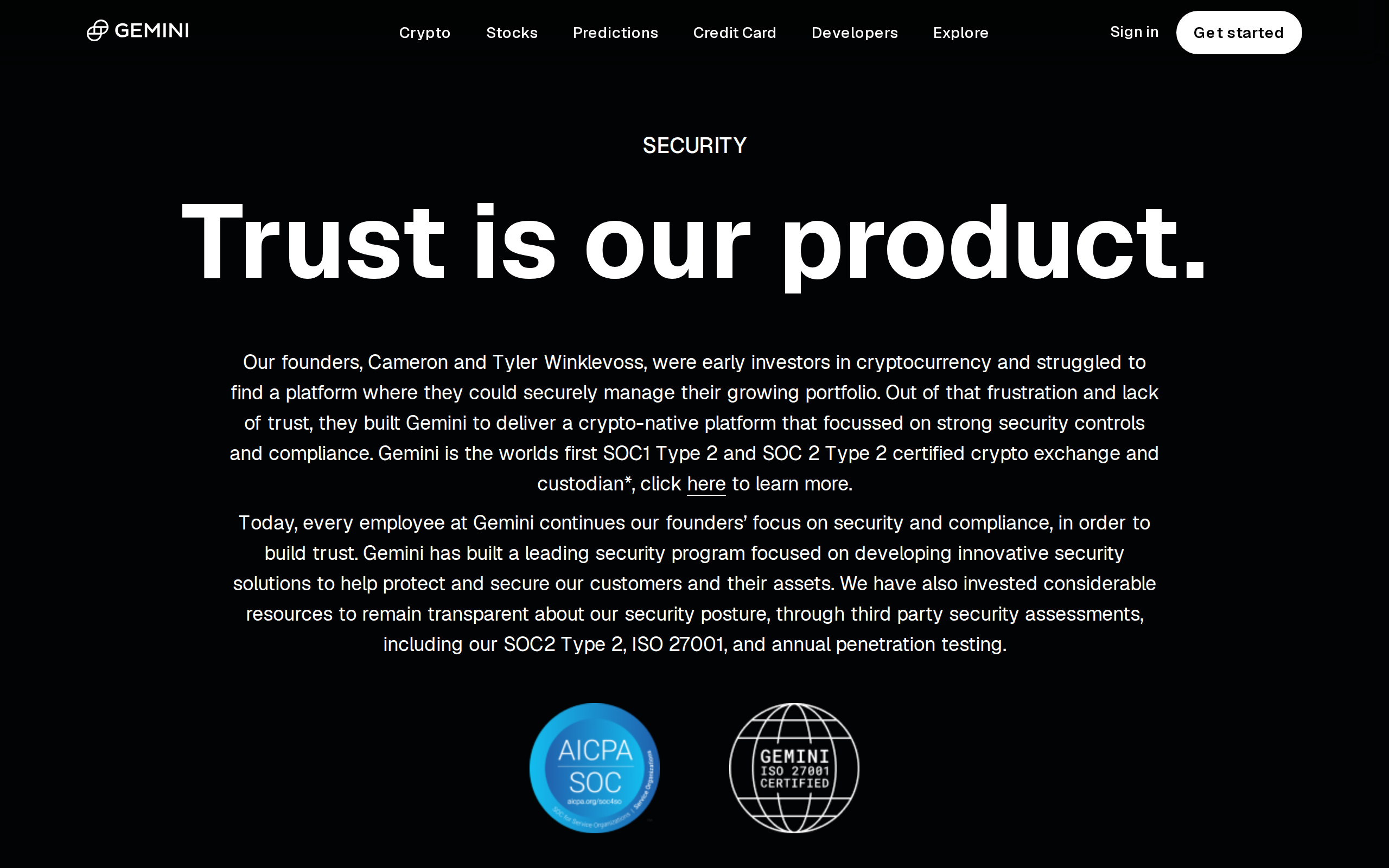 Gemini security page headed Trust is our product, on a dark background
