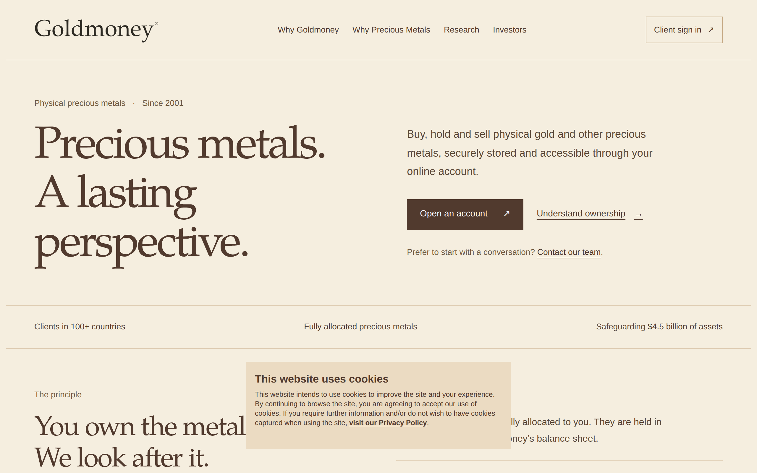 Goldmoney homepage with the headline Buy, hold and sell physical gold and other precious metals, securely stored