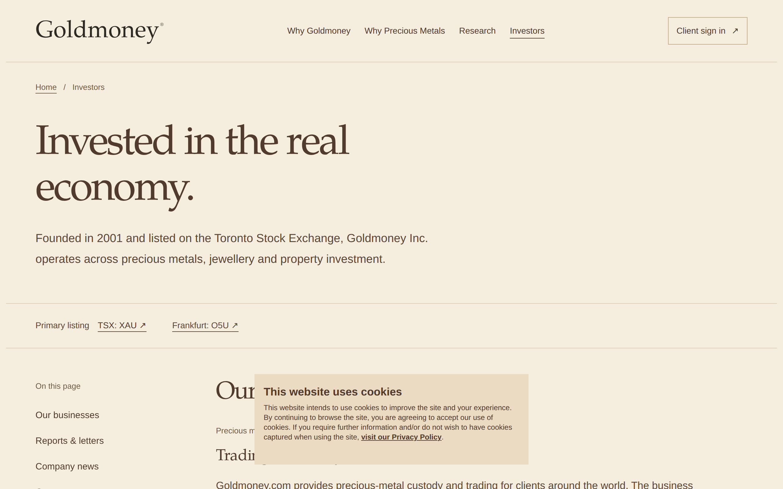 Goldmoney investor page headed Invested in the real economy, describing a Toronto-listed company founded in 2001
