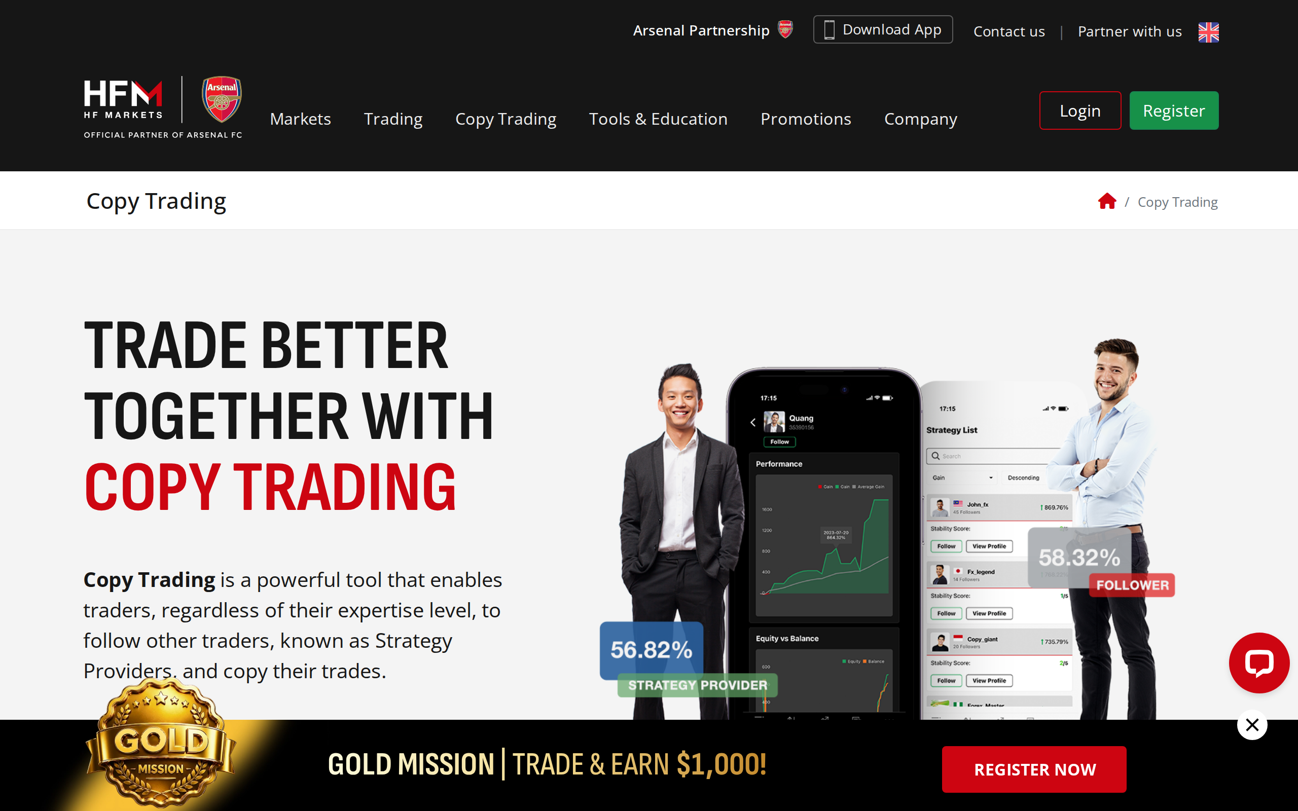 HFM copy trading page headed 'Trade better together with copy trading' with a description of following strategy providers