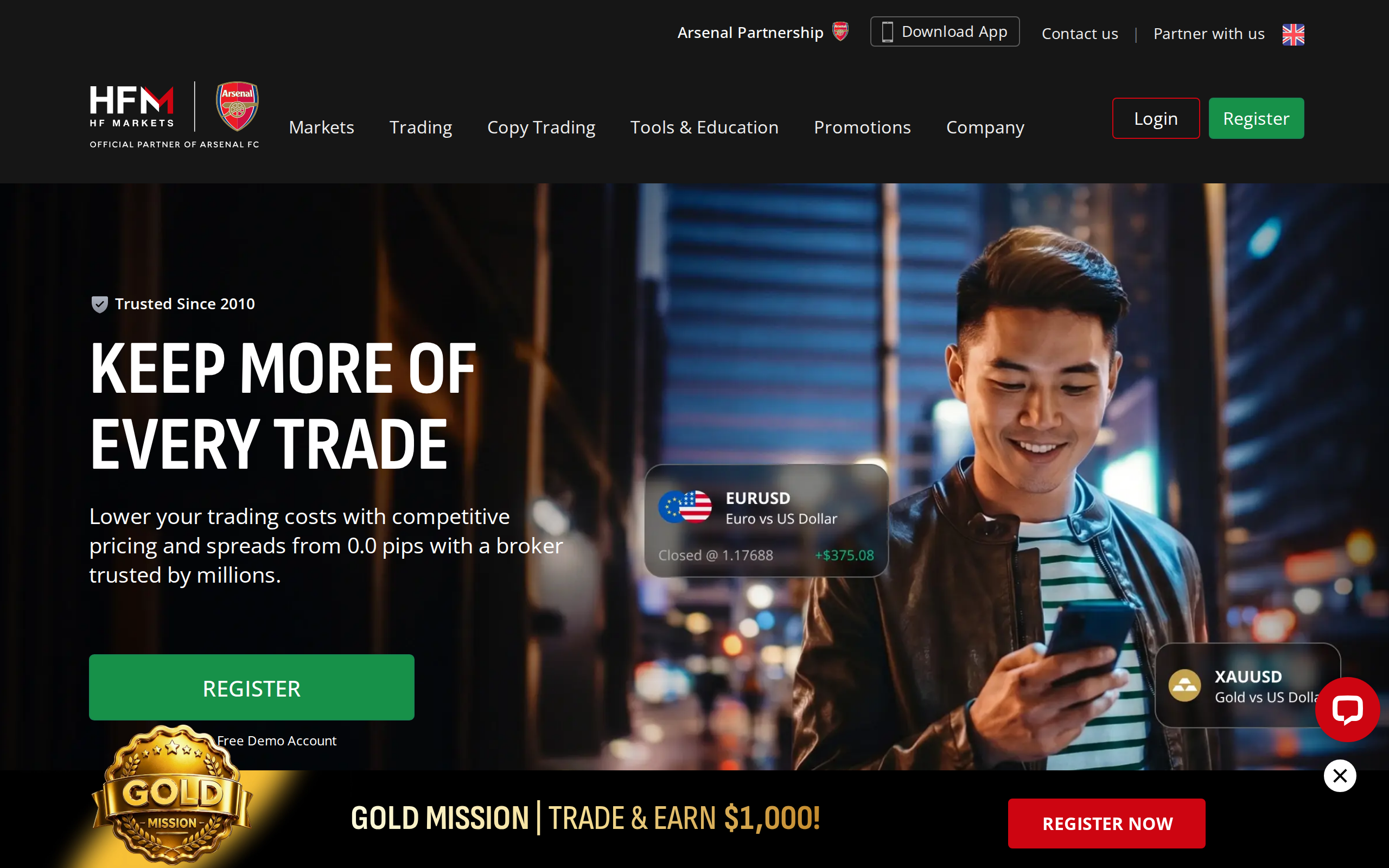 HFM Markets homepage with the headline 'Keep more of every trade' and a promise of spreads from 0.0 pips