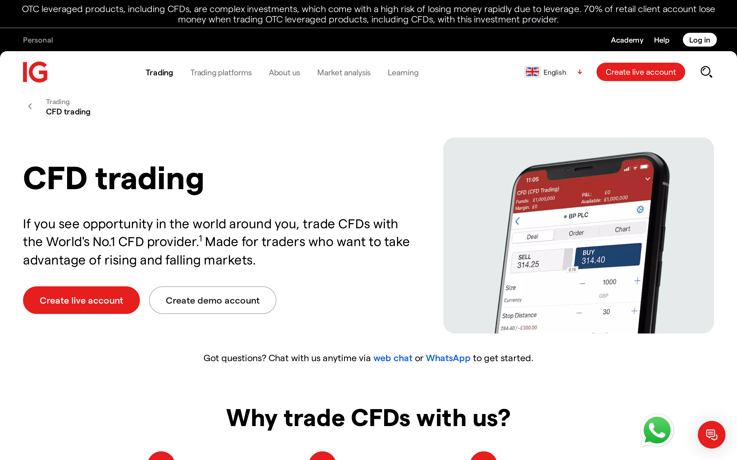 IG CFD trading page with the heading CFD trading and Why trade CFDs with us