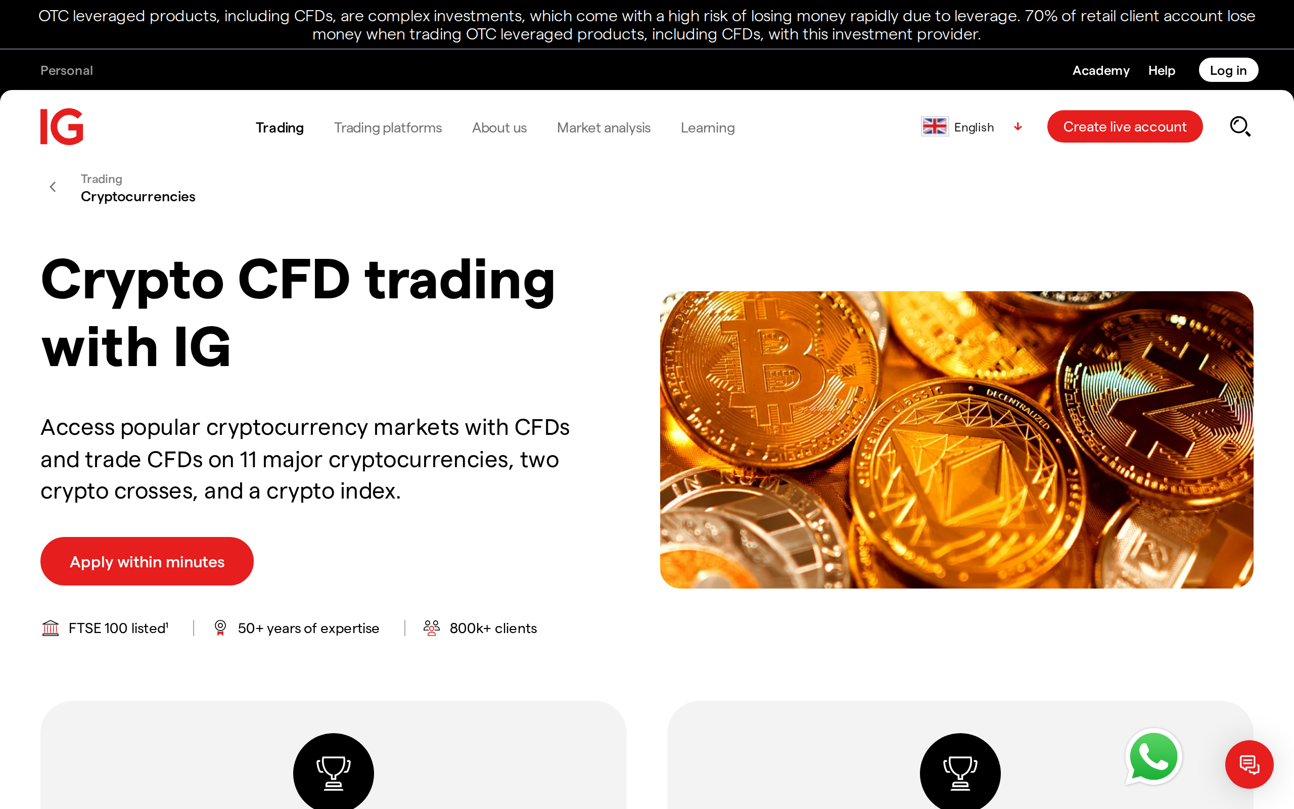 IG crypto CFD trading page with the heading Crypto CFD trading with IG