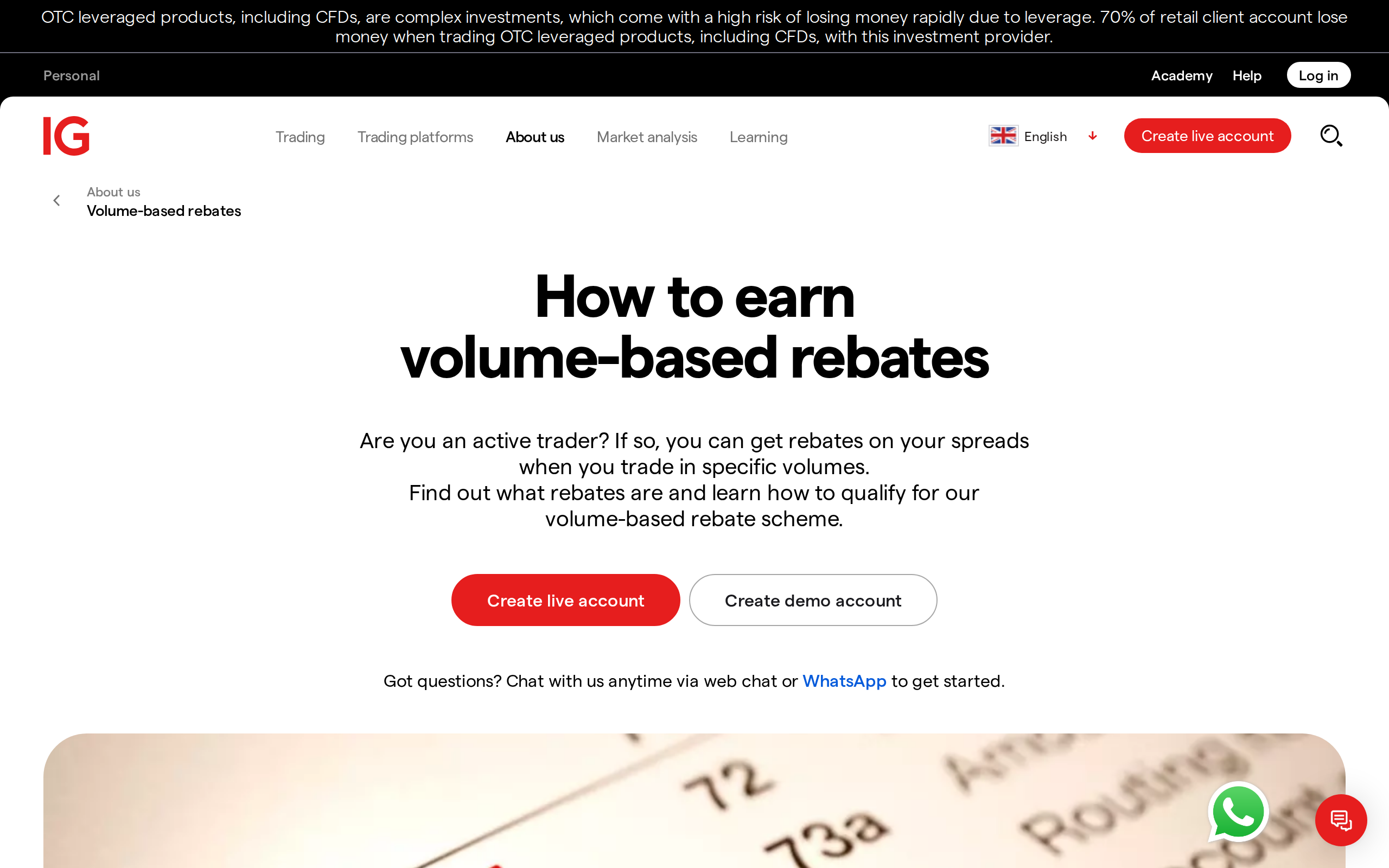 IG volume-based rebates page explaining how to earn rebates on spreads