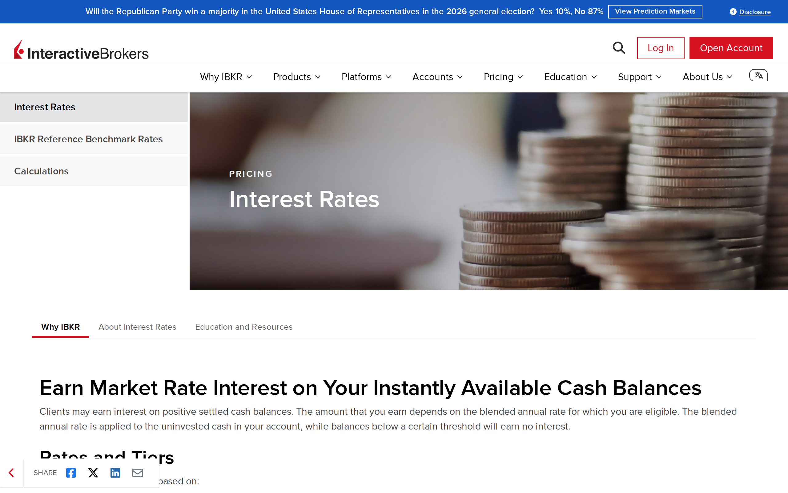 IBKR Interest Rates page with tiers and benchmark rates for cash balances