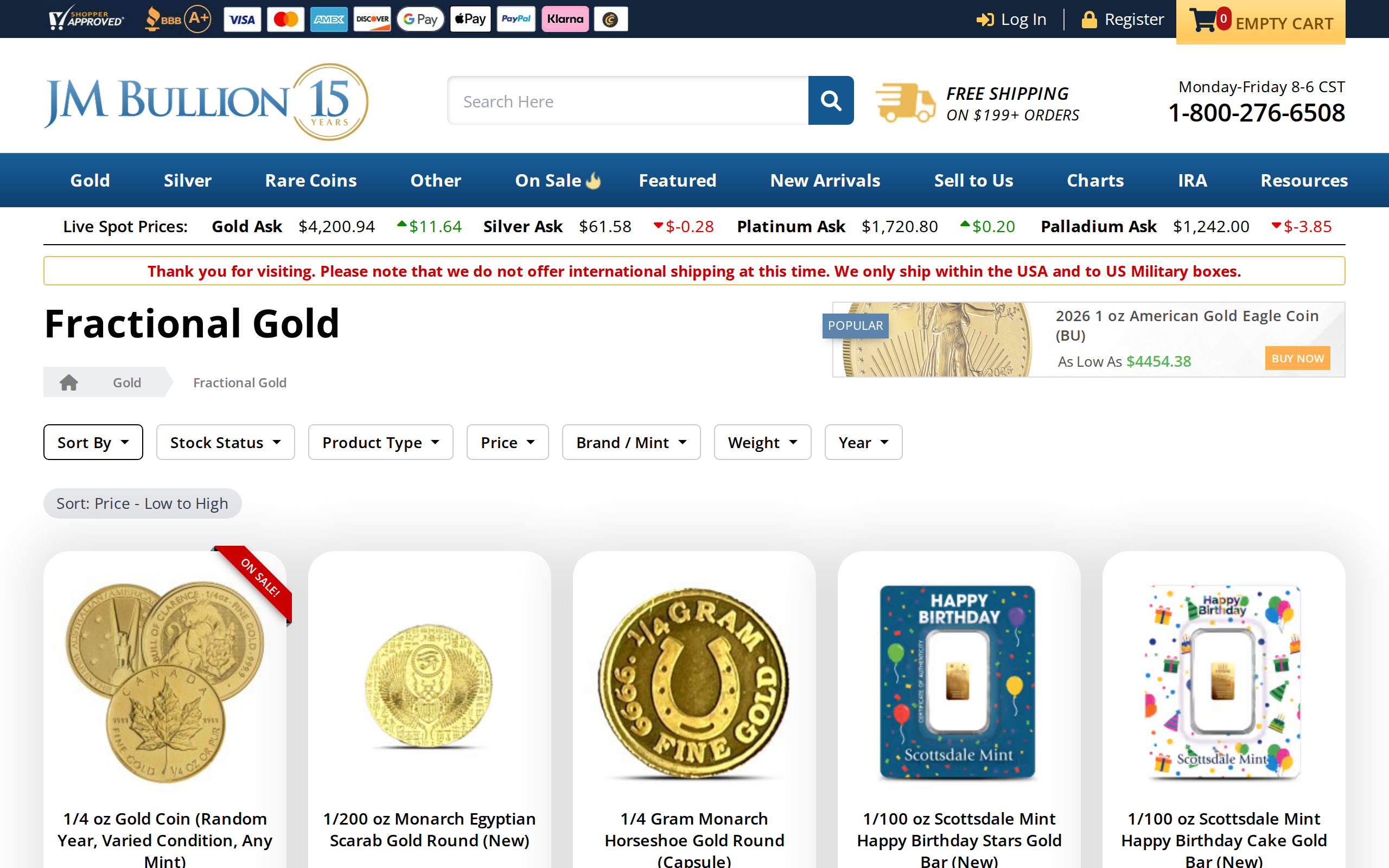JM Bullion fractional gold page with sort and filter options and a list of small gold products