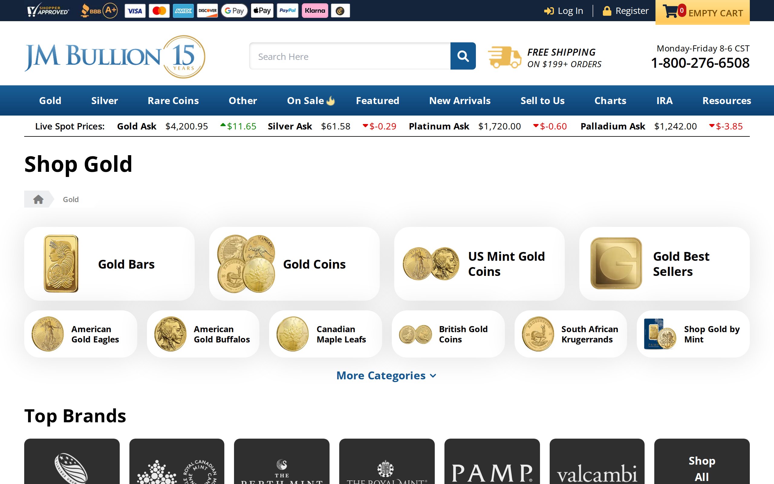 JM Bullion Shop Gold page listing top brands with a free shipping banner on orders of $199 and above