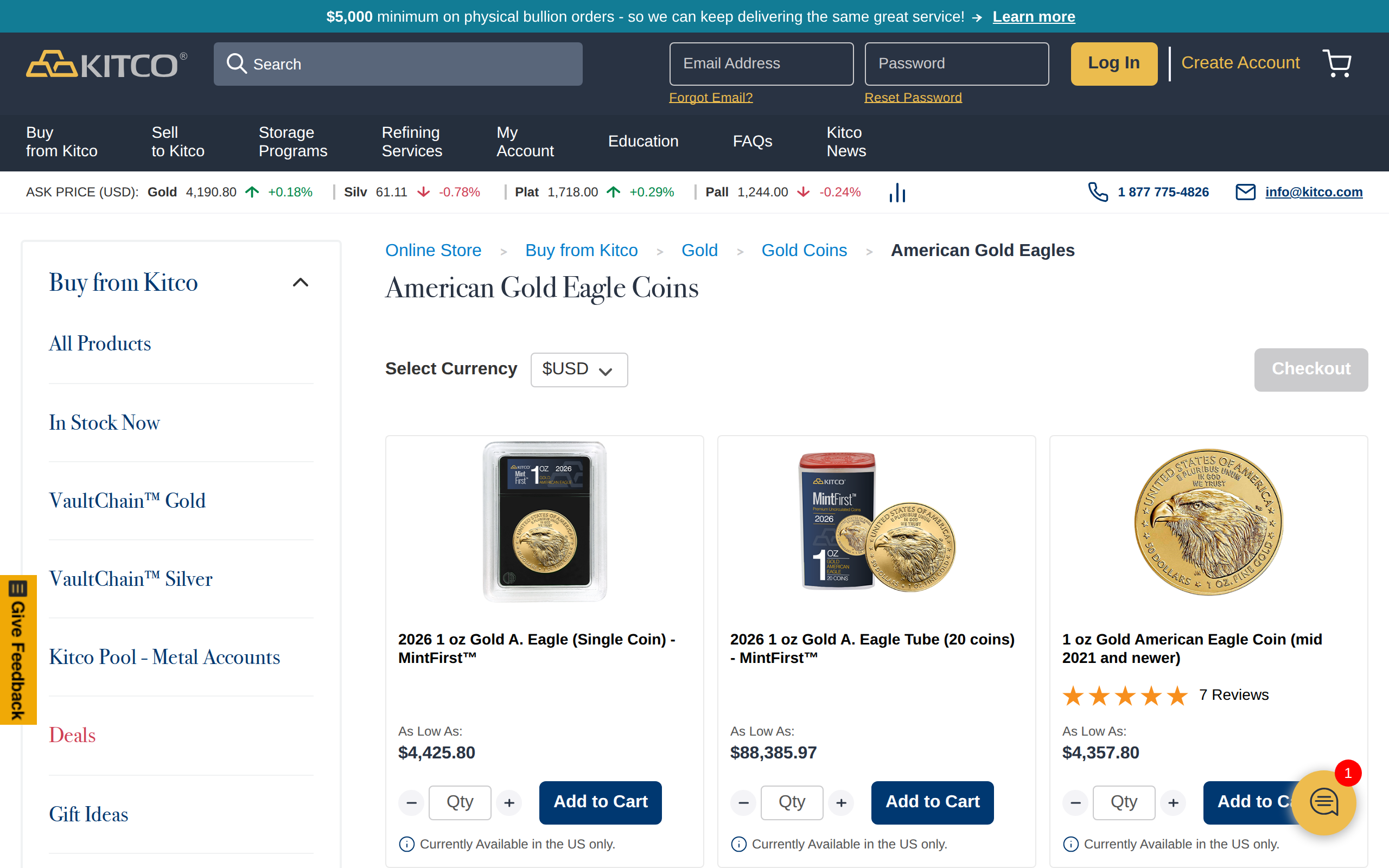 Kitco American Gold Eagle Coins page with the $5,000 minimum notice and the Kitco Pool link