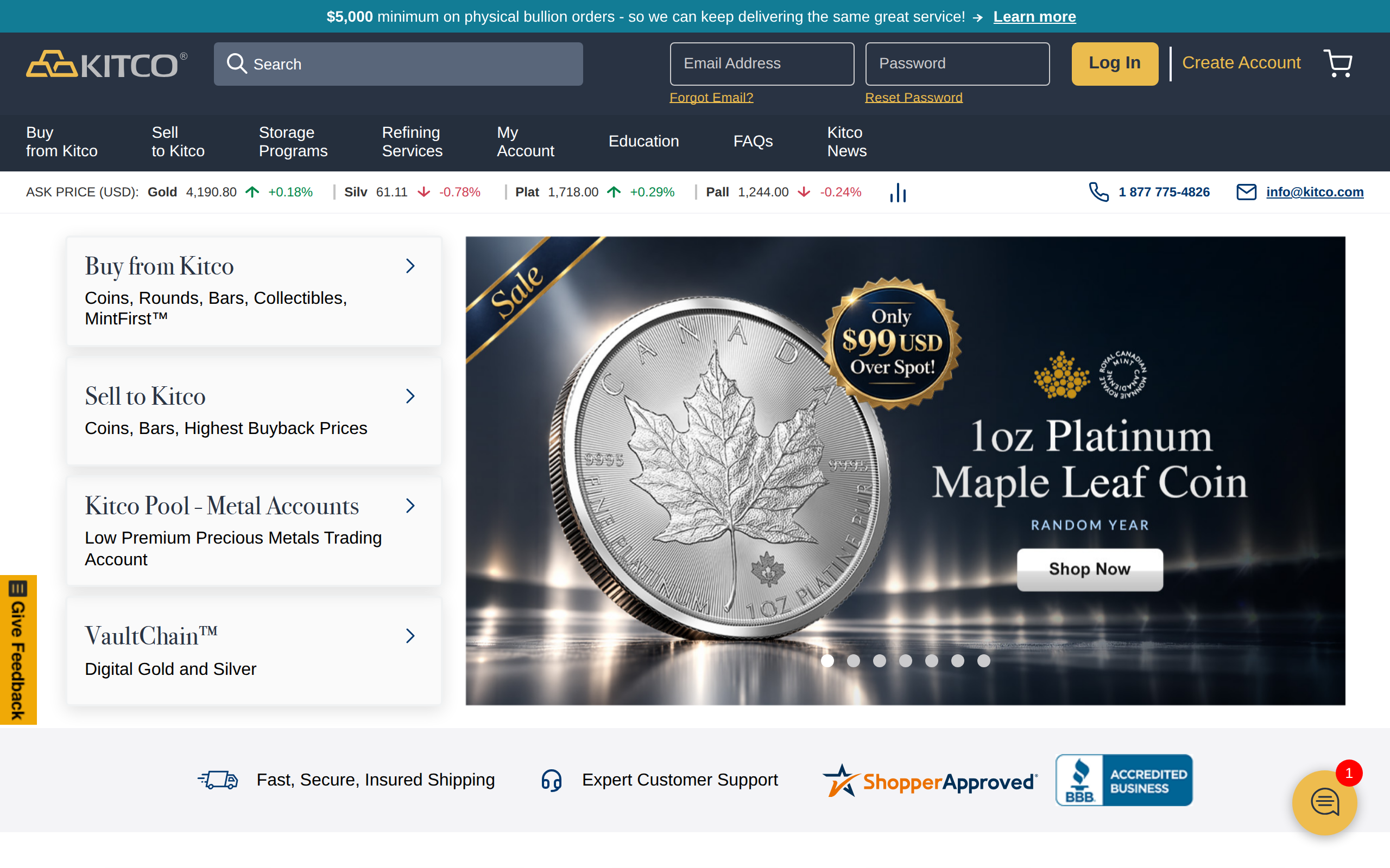 Kitco online shop with sections Buy from Kitco, Sell to Kitco, Kitco Pool Metal Accounts and VaultChain, and a notice of a $5,000 minimum