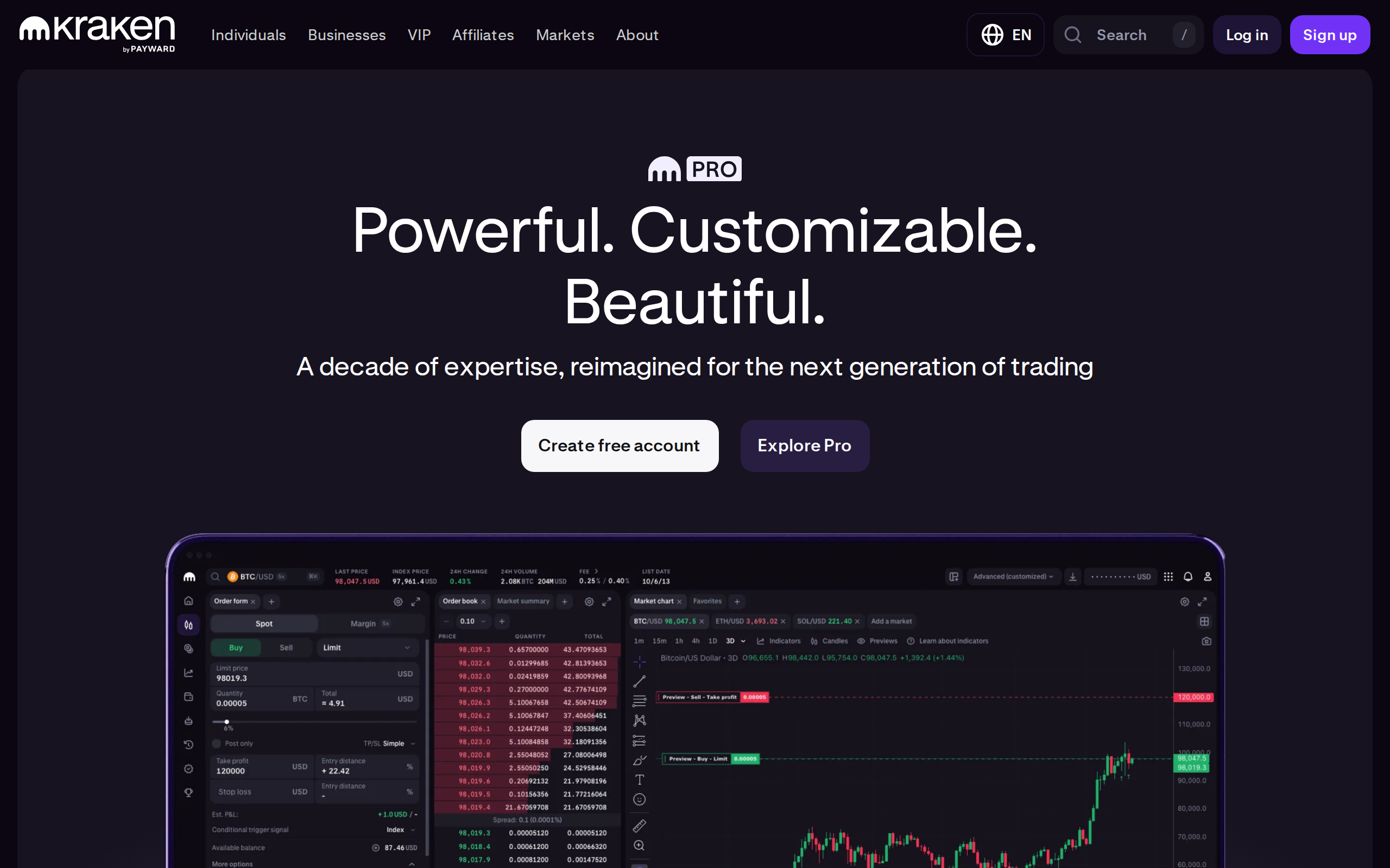 Kraken Pro's product page in dark mode with the heading 'Powerful. Customizable. Beautiful.'