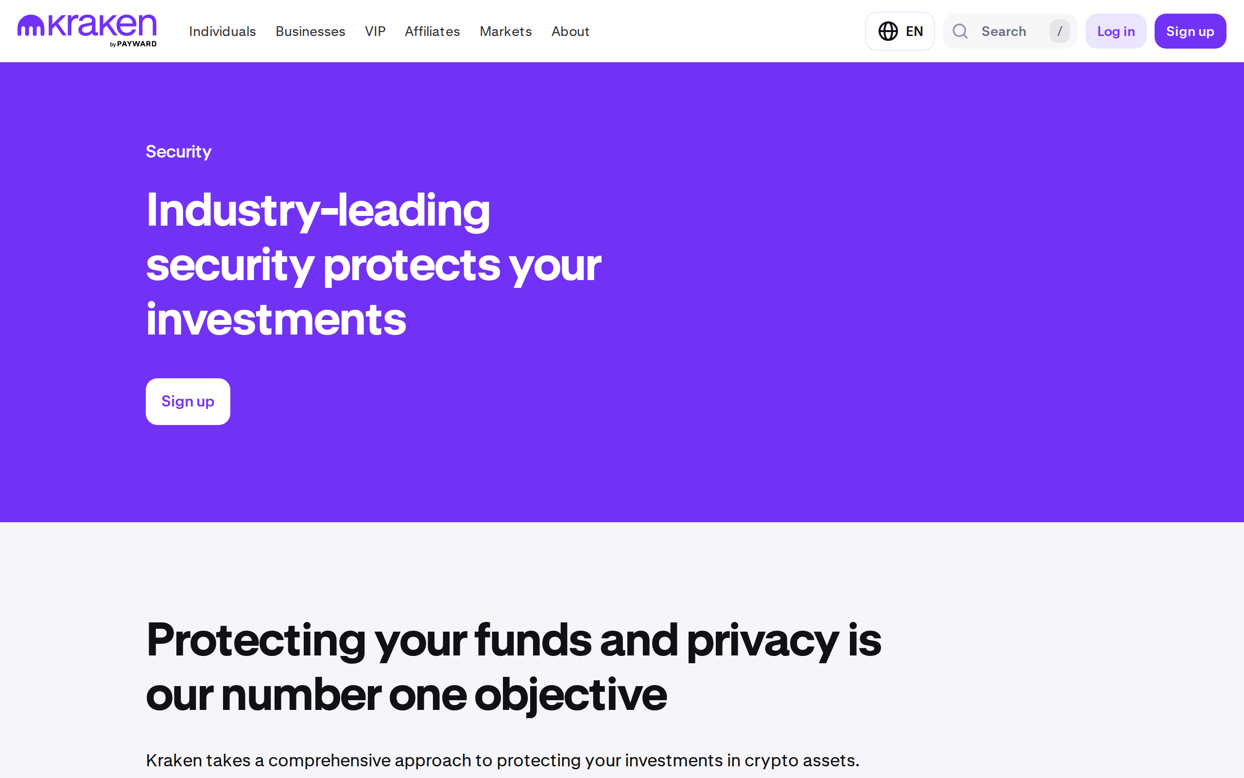 Kraken's security page headed 'Industry-leading security protects your investments'